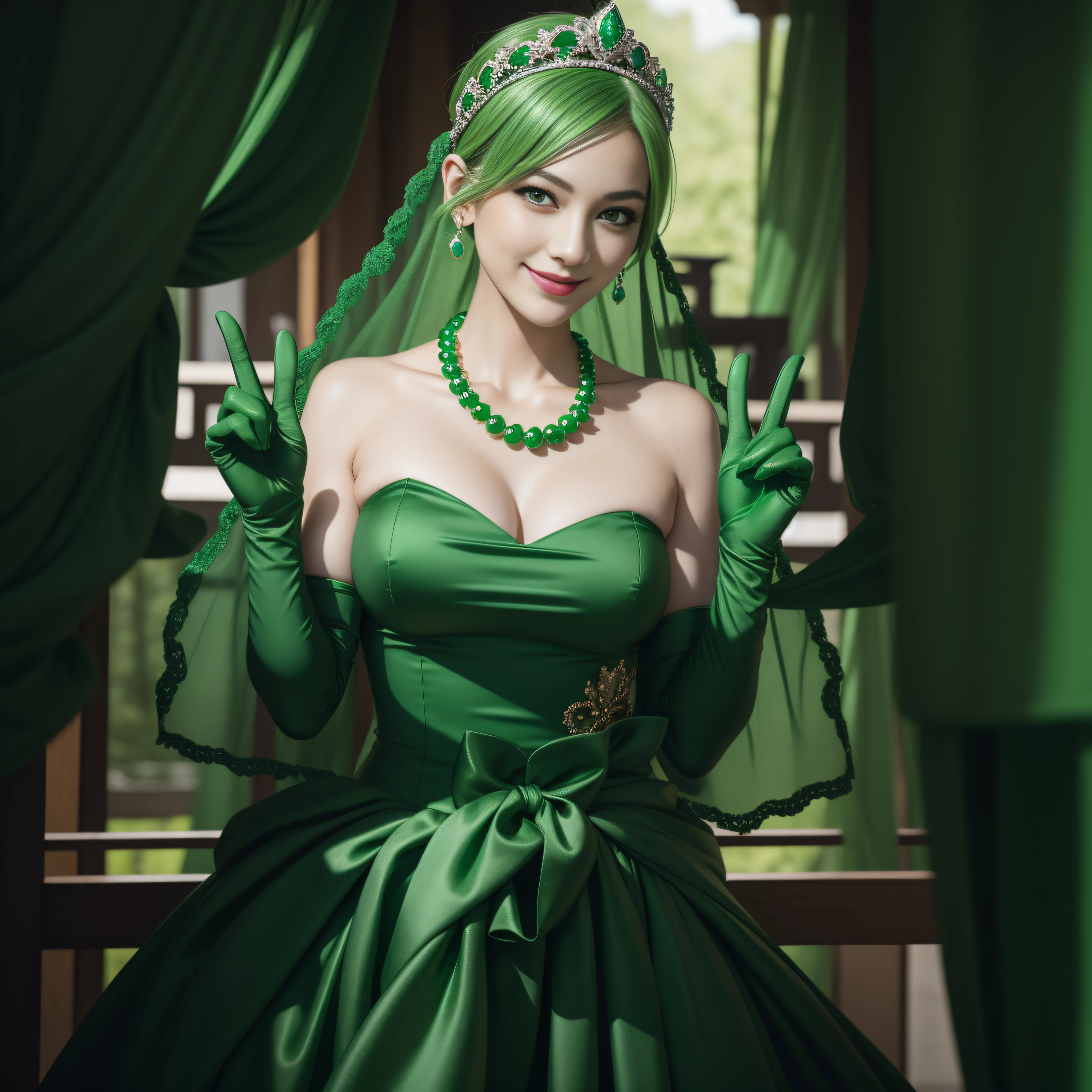 emerald tiara, Green Pearl Necklace, Boyish very short green hair, lipsticks, Japan woman smiling, very short short hair, big breasts beautiful, Green eyes, Long green gloves made of satin material, Green eyes, Emerald Earrings, green vale, v sign