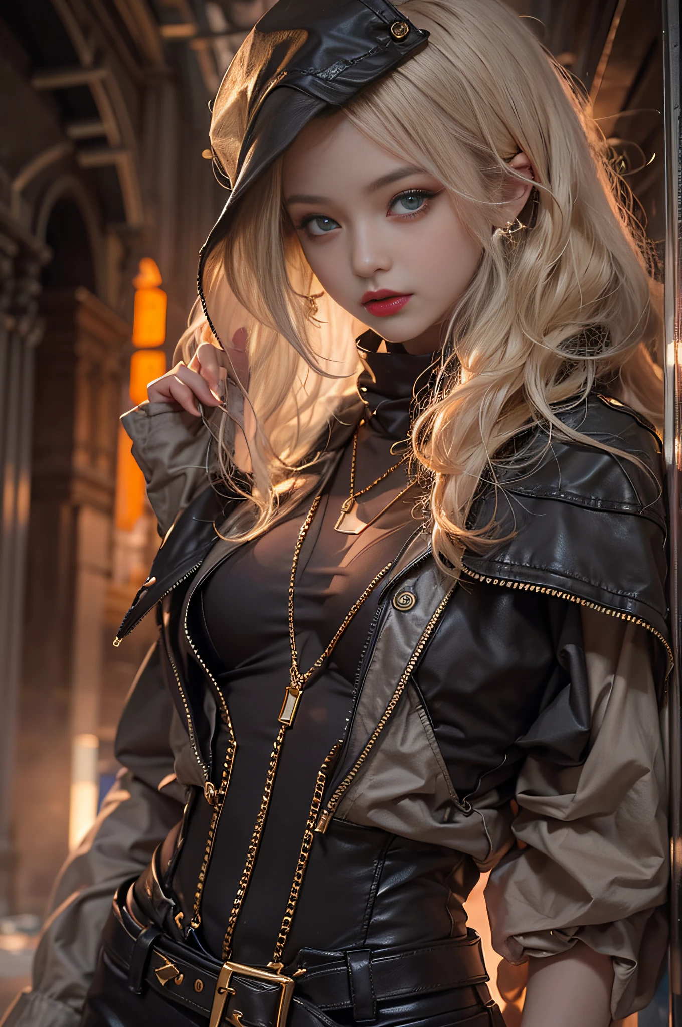 Authentic photography,high resolution,The best perfect masterpiece,A sexy mature woman,Solo,long wavy blond hair,red pupils,picture-perfect face,Beautiful makeup,,Red lips,Indecent expressions,voluptuous figure,Perfect body shape,slim toned body,Small man's waist,A plump chest,Firm buttocks,long leges,Sexy suspenders,Leather trousers,Pants,Long-heeled boots,gold earring,golden necklace,Gold bracelet,Cyberpunk Style, Holy Cathedral, Neon lights