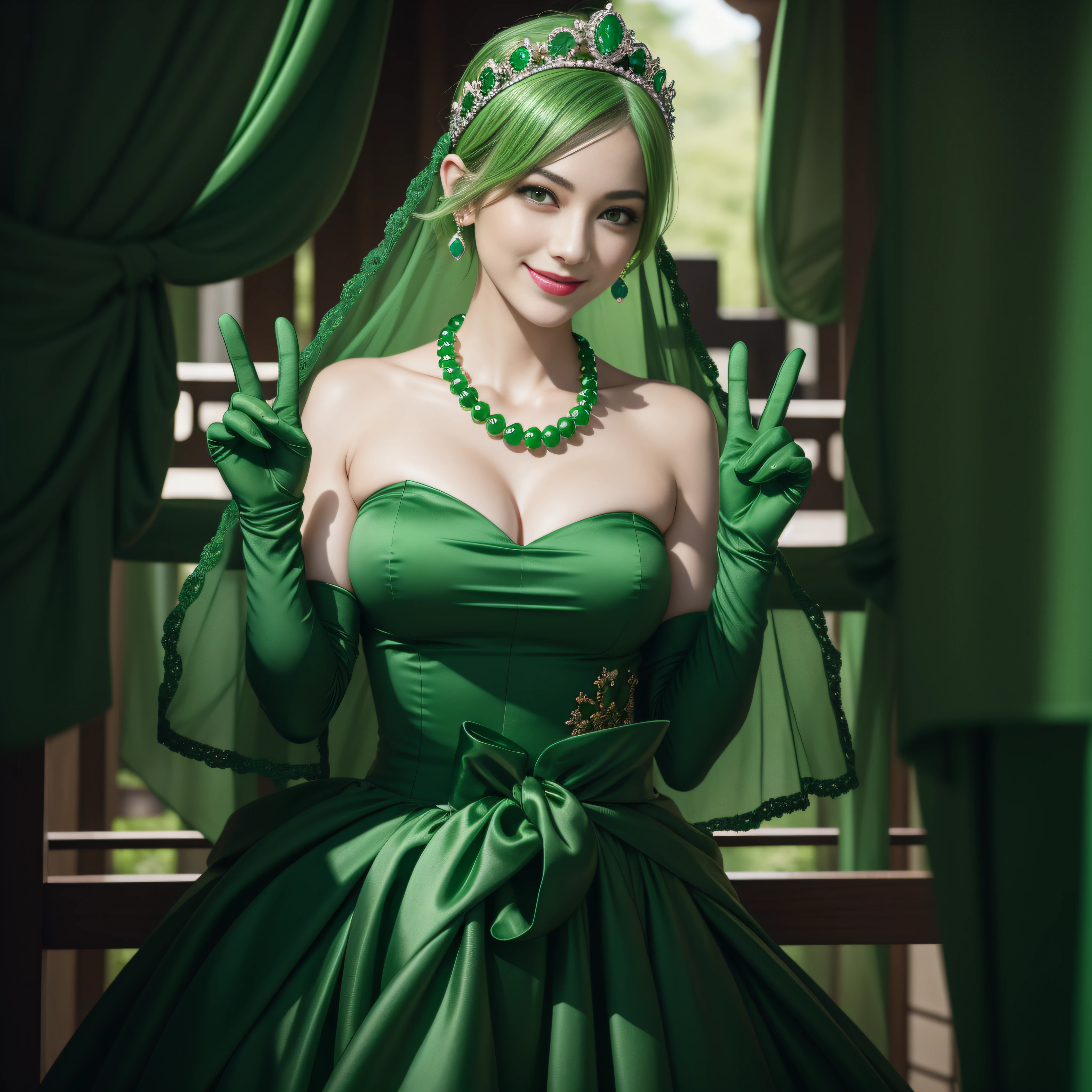 emerald tiara, Green Pearl Necklace, Boyish very short green hair, lipsticks, Japan woman smiling, very short short hair, big breasts beautiful, Green eyes, Long green gloves made of satin material, Green eyes, Emerald Earrings, green vale, v sign