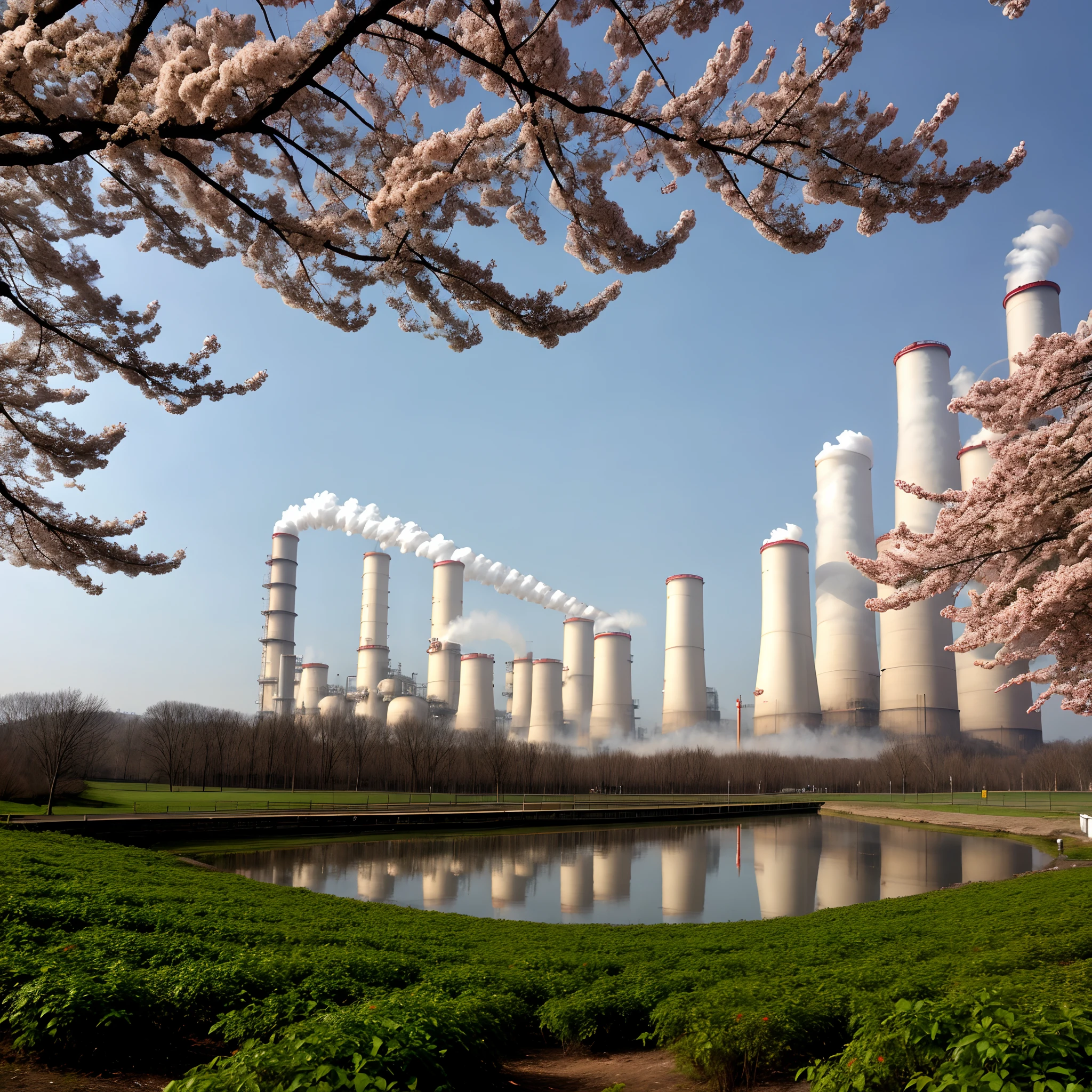 Taijitu，Industrial pollution on one side，On one side, spring is in full swing