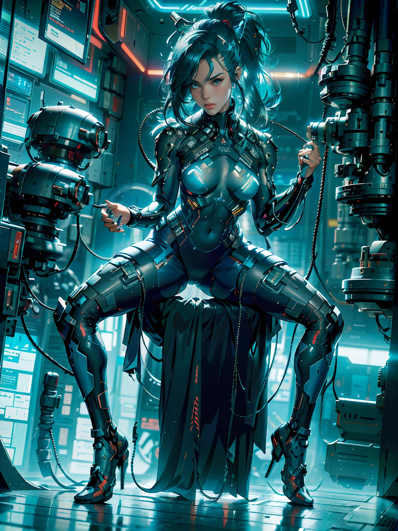 A female Cyberpunk pilot in a blue top and white shorts is sitting on a machine inside the cockpit., Sujetador deportivo y pantalones cortos azul oscuro, Sujetador deportivo y pantalones cortos, Athletic muscle tone, pecho piernas, piernas y brazos, Physical sports, Fit girl sitting in mechanical pilot's seat, brazos tonificados, Disparo en la parte superior del cuerpo, futuristic, interfaz digital, cabina combate, Cockpit of the fighter jet, caza de combate, controles joystick, Neon screens, Aircraft controls in the cockpit, Mecha Pilot girl, cyberpunk, neon genesis evangelion, Cables and pipes inside aerospace cabin