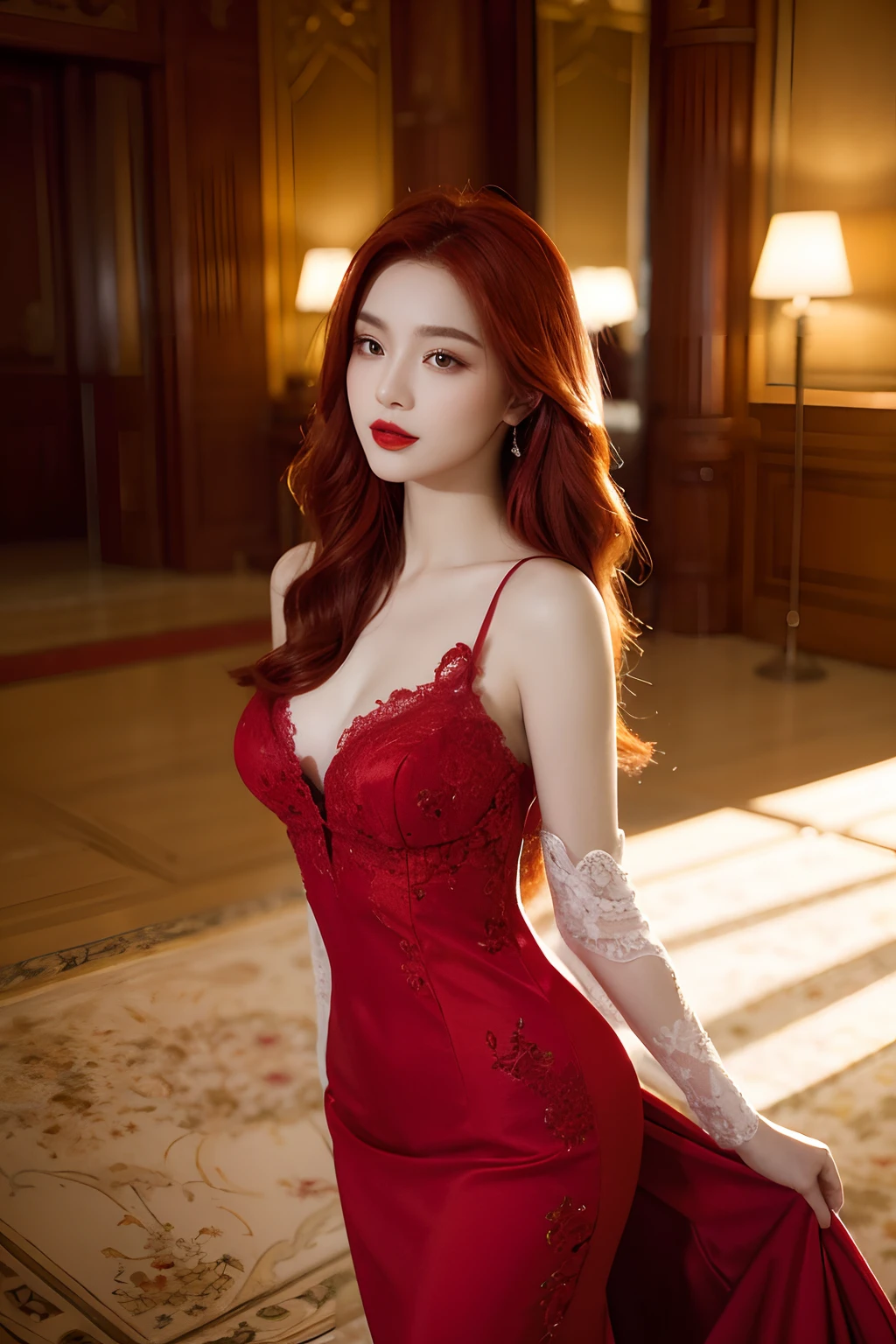 "Create a high-quality image featuring a woman with red hair, fair skin, and impeccable red lipstick application, embodying an elegant and sensual aesthetic. The lighting should be skillfully arranged to play with light and shadow, enhancing her facial features and providing a glamorous atmosphere. The woman should be dressed in a high-fashion piece, such as a long red dress with refined visual details like lace or embroidery, captured by the camera with precision. The depth of field should be carefully adjusted to emphasize the protagonist, while the blurred background adds an artistic touch to the composition. Utilize camera effects like soft bokeh and a carefully chosen color palette to craft a visually stunning and captivating image."