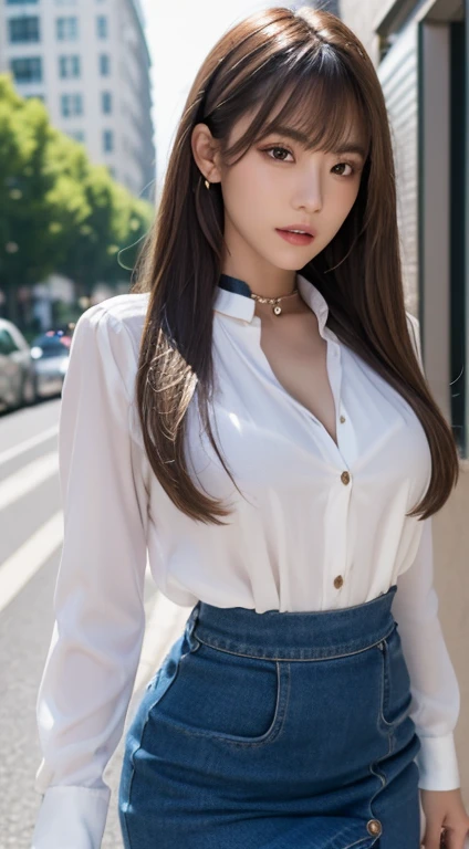 (Best Quality, 8K, masutepiece, Ultra HD: 1.3), 1girl in, mideum breasts, light brown hair, Blunt bangs, hair behind ear, hair over shoulder, Long hair, slender body shape, Ultra Fine Face, Delicate lips, Beautiful eyes, Double eyelids, lipsticks,Facial expressions inviting a man, Ultra-thin hands, Ultra-fine fingers, shirt with collar, tight skirts , beauty legs ,street