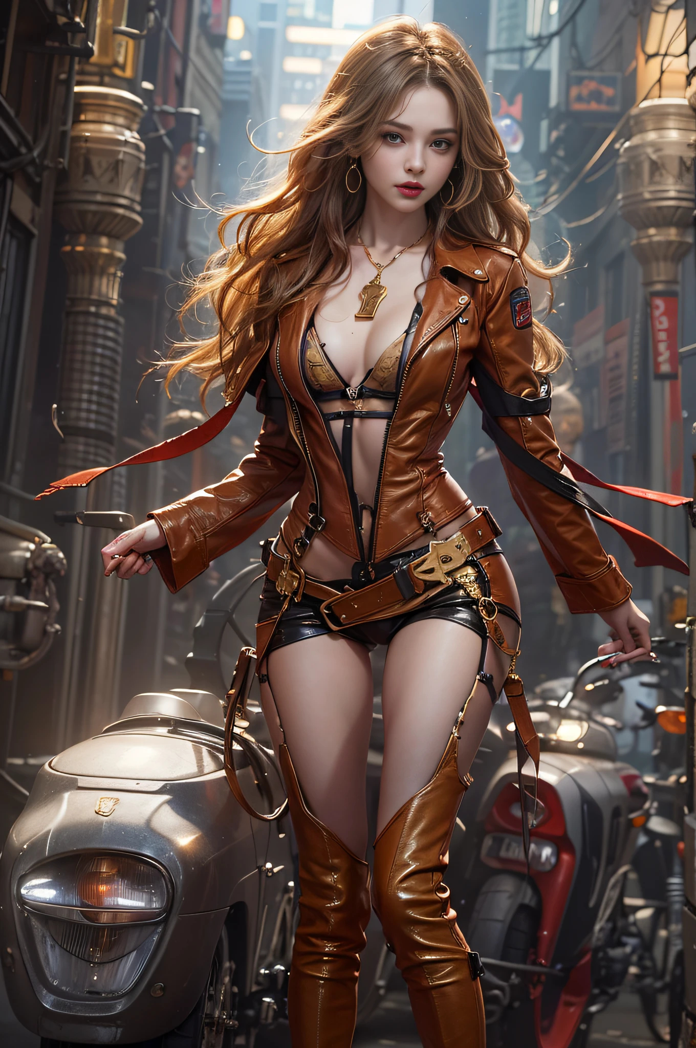 Authentic photography,high resolution,The best perfect masterpiece,A sexy mature woman,Solo,long wavy blond hair,red pupils,picture-perfect face,Beautiful makeup,,Red lips,Indecent expressions,voluptuous figure,Perfect body shape,slim toned body,Small man's waist,A plump chest,Firm buttocks,long leges,Sexy suspenders,Leather trousers,Pants,Long-heeled boots,gold earring,golden necklace,Gold bracelet,Cyberpunk Style, Holy Cathedral, Neon lights