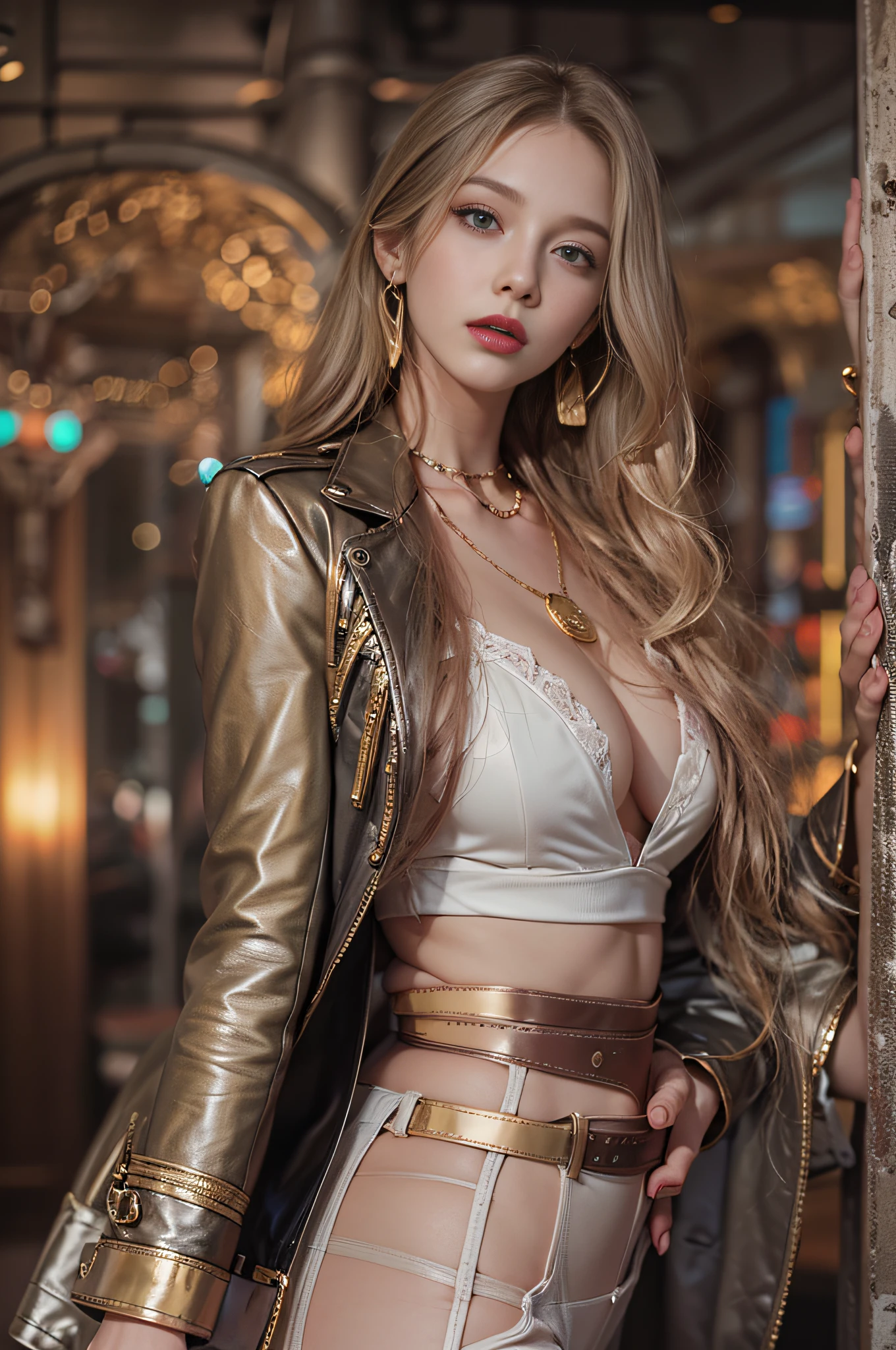 Authentic photography,high resolution,The best perfect masterpiece,A sexy mature woman,Solo,long wavy blond hair,red pupils,picture-perfect face,Beautiful makeup,,Red lips,Indecent expressions,voluptuous figure,Perfect body shape,slim toned body,Small man's waist,A plump chest,Firm buttocks,long leges,Sexy suspenders,Leather trousers,Pants,Long-heeled boots,gold earring,golden necklace,Gold bracelet,Cyberpunk Style, Holy Cathedral, Neon lights