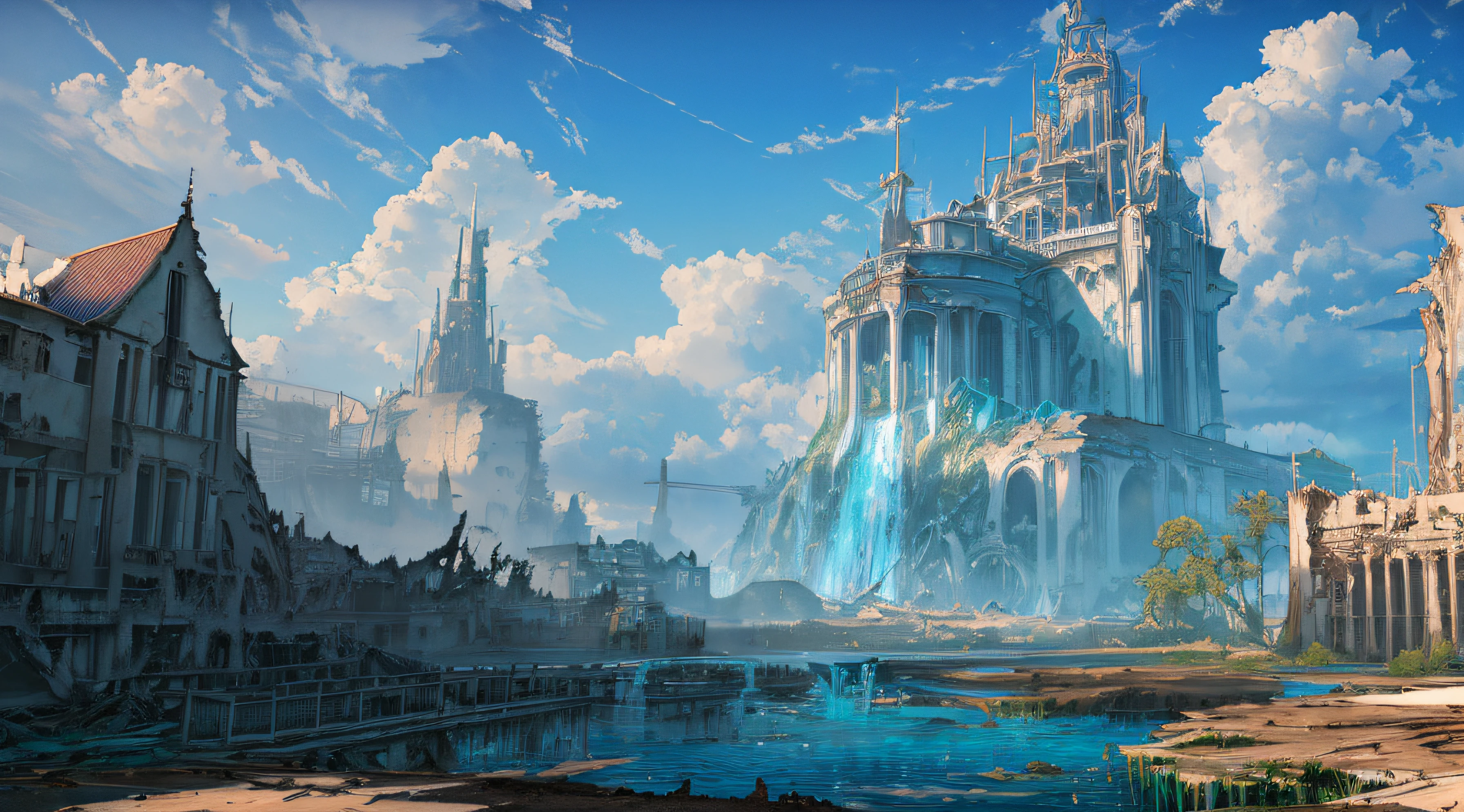Masterpiece, high detail, 8K resolution, ConceptArt, scenery, water, sky, day, tree, cloud, waterfall, outdoors, (((ruined civilization buildings))), nature, river, blue sky, ((1boy)), a wanderer, rugged cloak