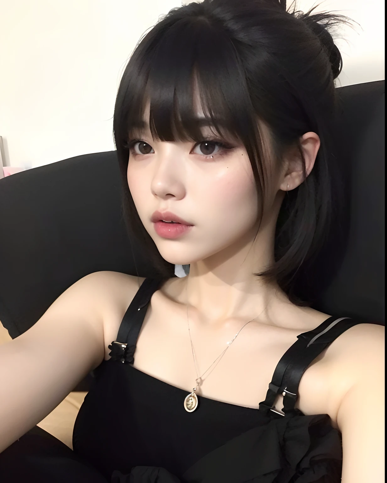 A close-up of a woman with long black hair, Wonyoung de IVE, Portrait of Wonyoung from IVE, Wonyoung de IVE, Jang Wonyoung de IVE, South Korean popular makeup, Wonyoung de IVE, Retrato Wonyoung IVE, Pastel pink skin tone, Wonyoung de IVE, popular korean makeup