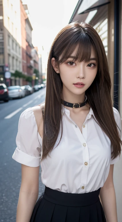 (Best Quality, 8K, masutepiece, Ultra HD: 1.3), 1girl in, mideum breasts, light brown hair, Blunt bangs, hair behind ear, hair over shoulder, Long hair, slender body shape, Ultra Fine Face, Delicate lips, Beautiful eyes, Double eyelids, lipsticks,Facial expressions inviting a man, Ultra-thin hands, Ultra-fine fingers, shirt with collar, tight skirts , beauty legs ,street