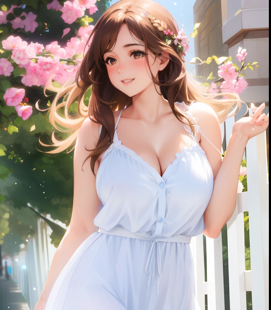 best quality, photorealistic, 8k, high res, 1girl, (professional lighting, bokeh), (long brown hair), (hazel eyes), flowing hair, (portrait), gorgeous, bloom, (floating hair), smile