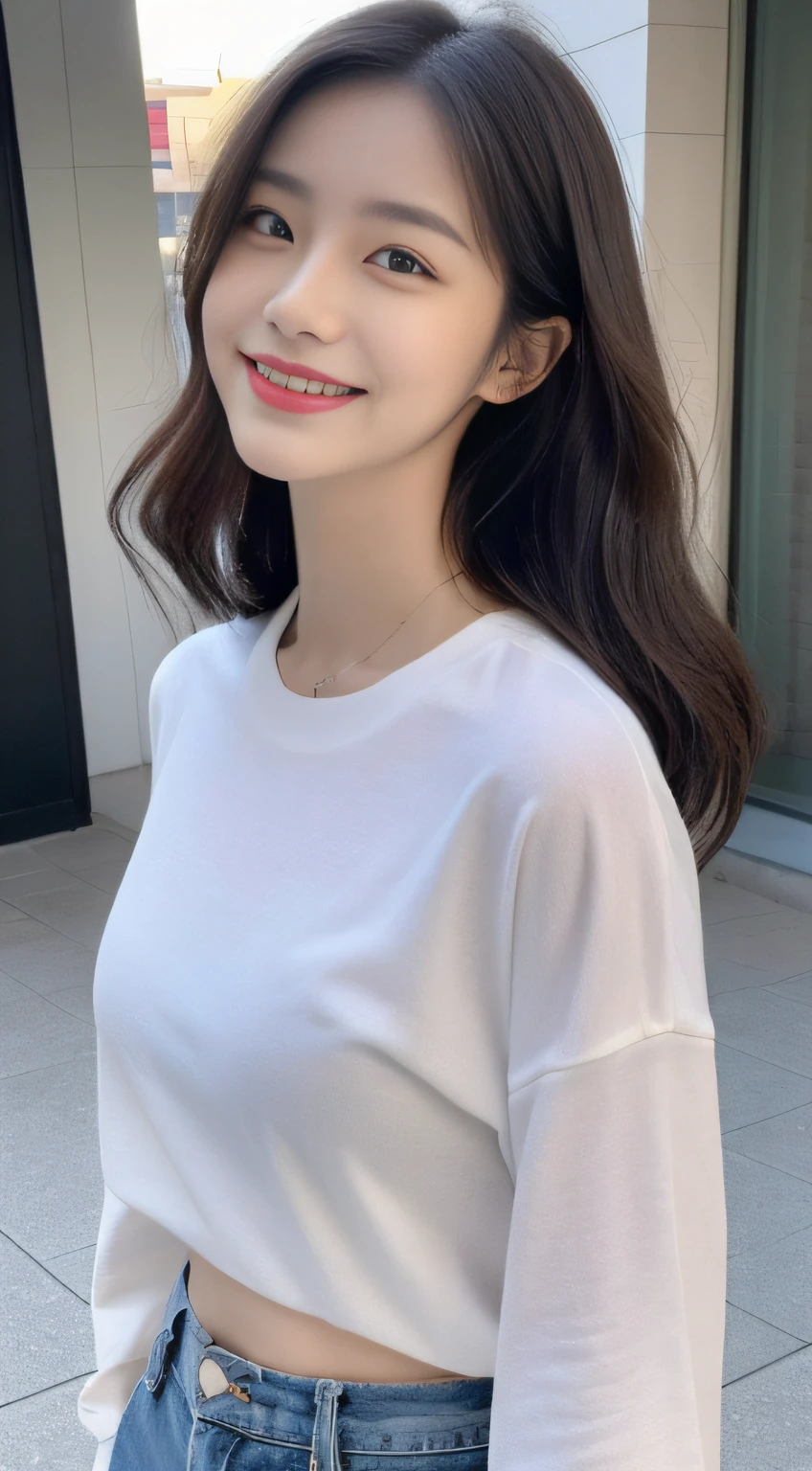 ((Top Quality, 8K, masterpiece: 1.3)), 1woman, 20yo, Korean female idols: 1.5, Slender abs beauty: 1.3, (Hairstyle casual, large full breasts: 1.1), S-line body, Perfect Body:1.3, Full Makeup: 1.1, casual:1.3, Ultra-fine face, A detailed eye, Double eyelidd, Sorrisos, Location Random: 1:2, dimple, Shoes Random:1.3, Profile:1.3