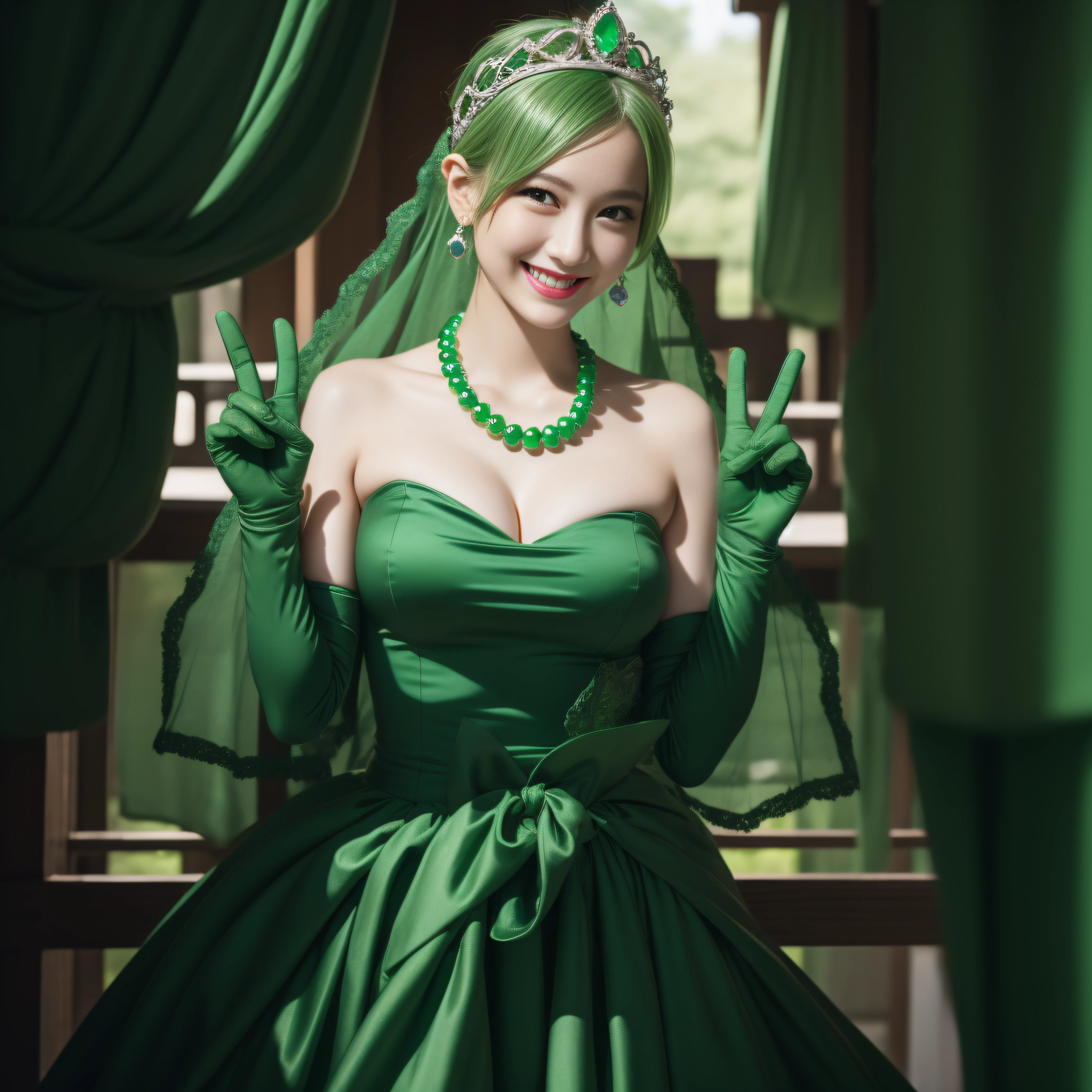 emerald tiara, Green Pearl Necklace, Boyish very short green hair, lipsticks, Japan woman smiling, very short short hair, big breasts beautiful, Green eyes, Long green gloves made of satin material, Green eyes, Emerald Earrings, green vale, v sign