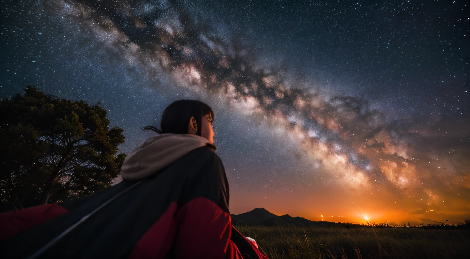 best qualtiy， tmasterpiece， 超A high resolution， realisticlying，Totoro，Fantastic red starry sky，looking at the stars，wide angles