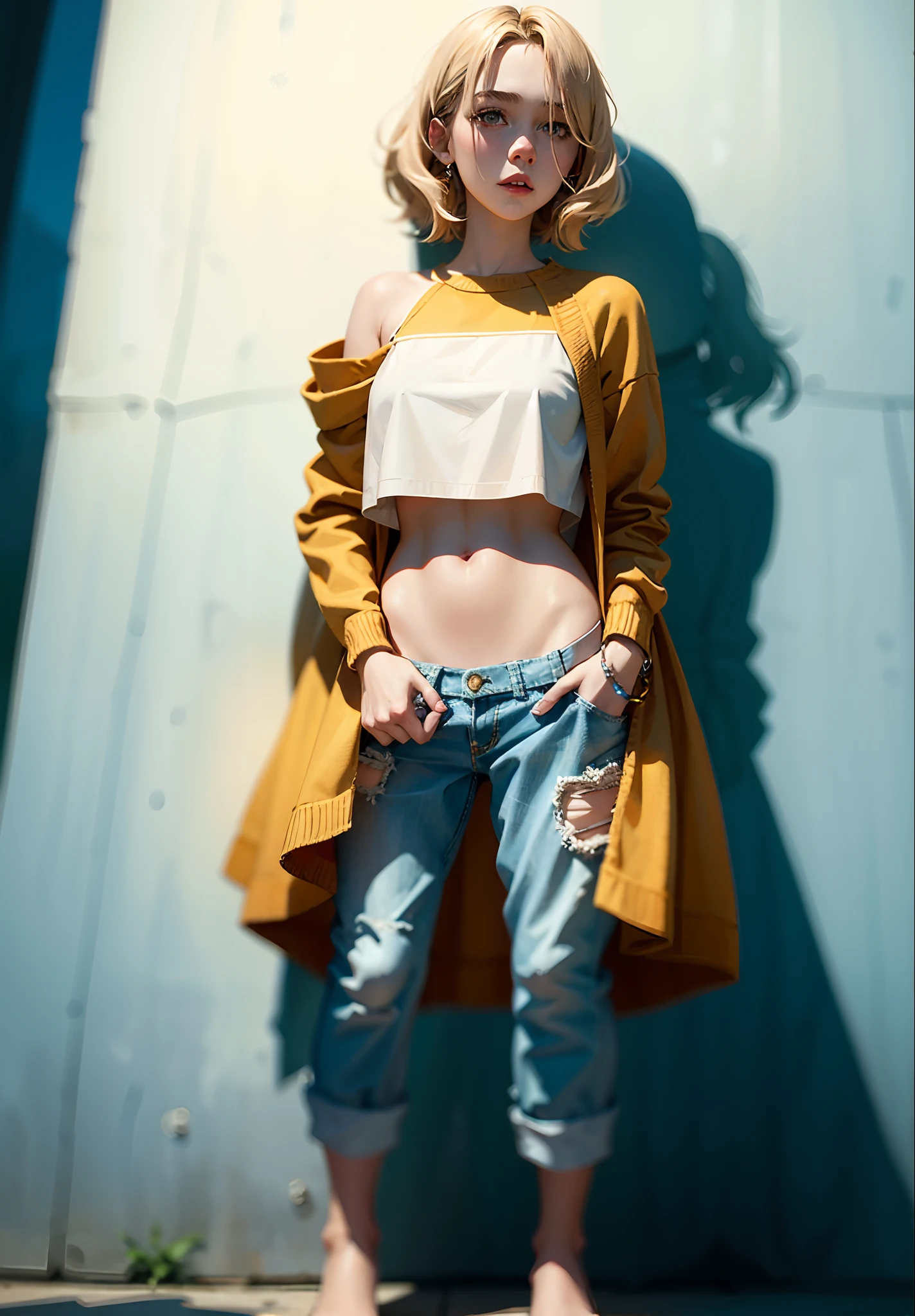 Mujer rubia con top rosa y pantalones cortos de mezclilla posando, Alexa Gracia, Diosa rubia, Chica perfecta de pelo blanco, tocando su ropa, Lacey, obra maestra, mejor calidad, 1girl, solo, crop top, pantalones cortos de mezclilla, gargantilla, (graffiti: 1.5), salpicadura de pintura, arms behind back, contra la pared, mirando al espectador, brazalete, correa para el muslo, pintura en el cuerpo, head bowing, aburrido, cabello multicolor, ojos aguamarina, auriculares,
, Daisy Duques, buena joven, Llevar un lindo top, en pantalones cortos, adolescente hiperrealista