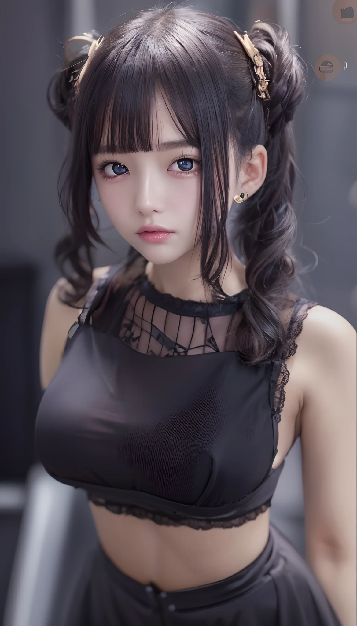 High resolution, extremely detailed photo, Hyper realistic, Professional Lighting, Octane Render, Portrait, detailed bust,8K, Best Quality, 1girl in, Black Hair Twin Tails , an lingerie,