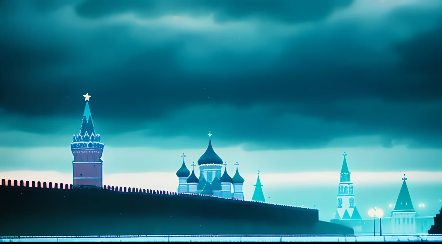 muted dark tones, Аниме 1990-х годов, Anime from the 1980s, brush strokes, Close-up of the Kremlin, Sateen, Rainy weather, gloomy atmosphere, Near the Kremlin, a ball of blue energy appeared near the