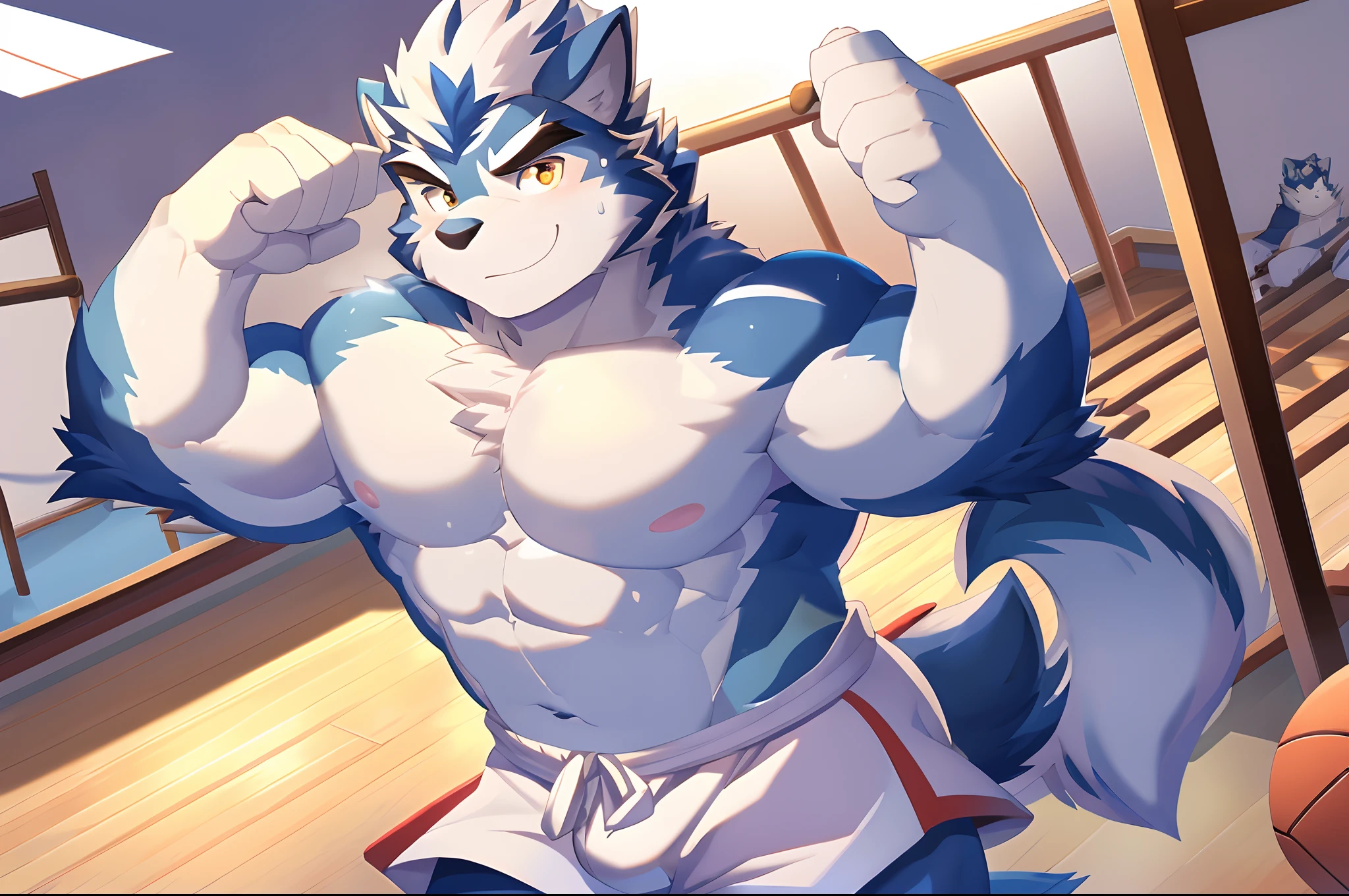 Hominidae, Pose for Camera. 4K, high resolution, Best quality, posted on e621, (Anthropomorphic blue wolf:1.2), male people, 20yr old, Thick eyebrows, Light blue fur, Ultra-short hair, shaggy, Strong body, large pecs, ((Shirtless)), He is practicing karate, Pink milk clusters, Golden pupils, sweat leggs, White skinny shorts, medium bulge, In the gym, 独奏, (sport, Muscular, Heavyweight:1.2), Correct anatomy, (by Chunie, author：Taran Fidler:0.8), (Detailed eyes:1.2), Sexy, (cel-shaded:1.2), cartoon shading, Serious expressions, Be red in the face, (view the viewer:1.2)