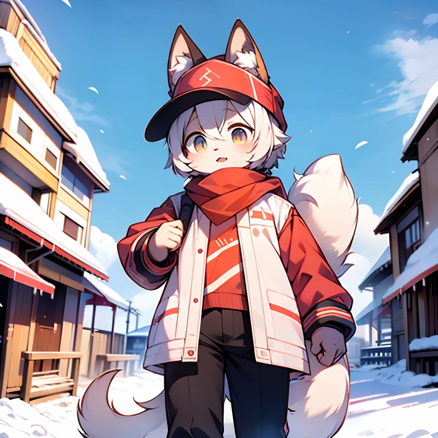 Neighborhood，parks，short detailed hair，redheadwear，ahoge，Collar，Gamine，hairy pubic，Cat ears。with her mouth open，​​clouds，daysies，yuki，Skysky，suns，in the winter，No spots，youth，There are red hairs everywhere，There are red hairs everywhere，Cat ears，Cat type，Big fluffy tail，tmasterpiece，High-quality portraits，human - shaped，youth，sbeard，Young boy walking alone，ventania，posing on a，full-shot，Black cotton jacket，black long pants，Red scarf，White color blouse，Super cute face