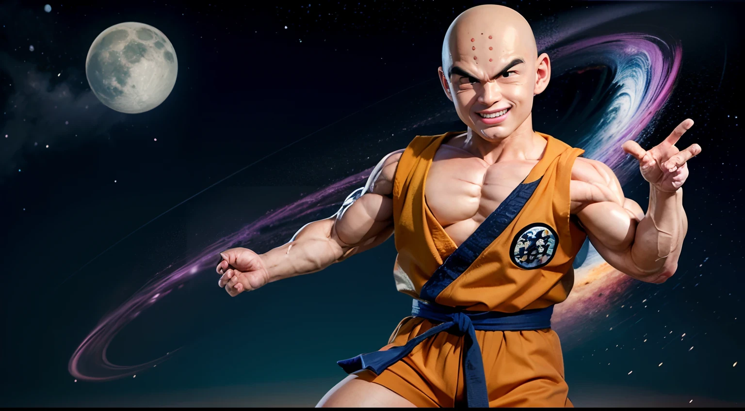 ((best quality)), ((masterpiece)), (detailed), krillin, solo, 1boy, bald, muscle, happy, grin, smile, waving, space, gi, full body, male focus, moon,stars, spinning galaxy,