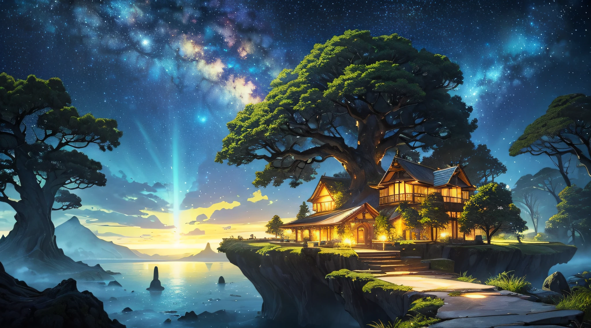 masterpiece、Depth((Mysterious giant tree、It emits yellow light、There are islands floating in the sky around、Tree House、plants、))、Background with((Fantastic starry sky、meteors、black hole、planetes))、Looking up
