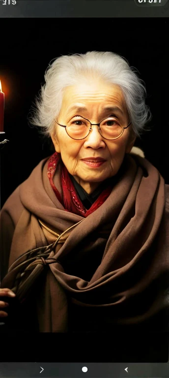 there is a woman holding a candle in her hands,A scarf is wrapped around his neck, Old lady, Old woman, author:Cheng Zhengkui, An old lady, author:Li Meishu, Older woman, the look of an elderly person, Asian woman, Chinese woman, elderly woman, author:Li Zai, author:Ji Sheng, author:Li Gonglin
