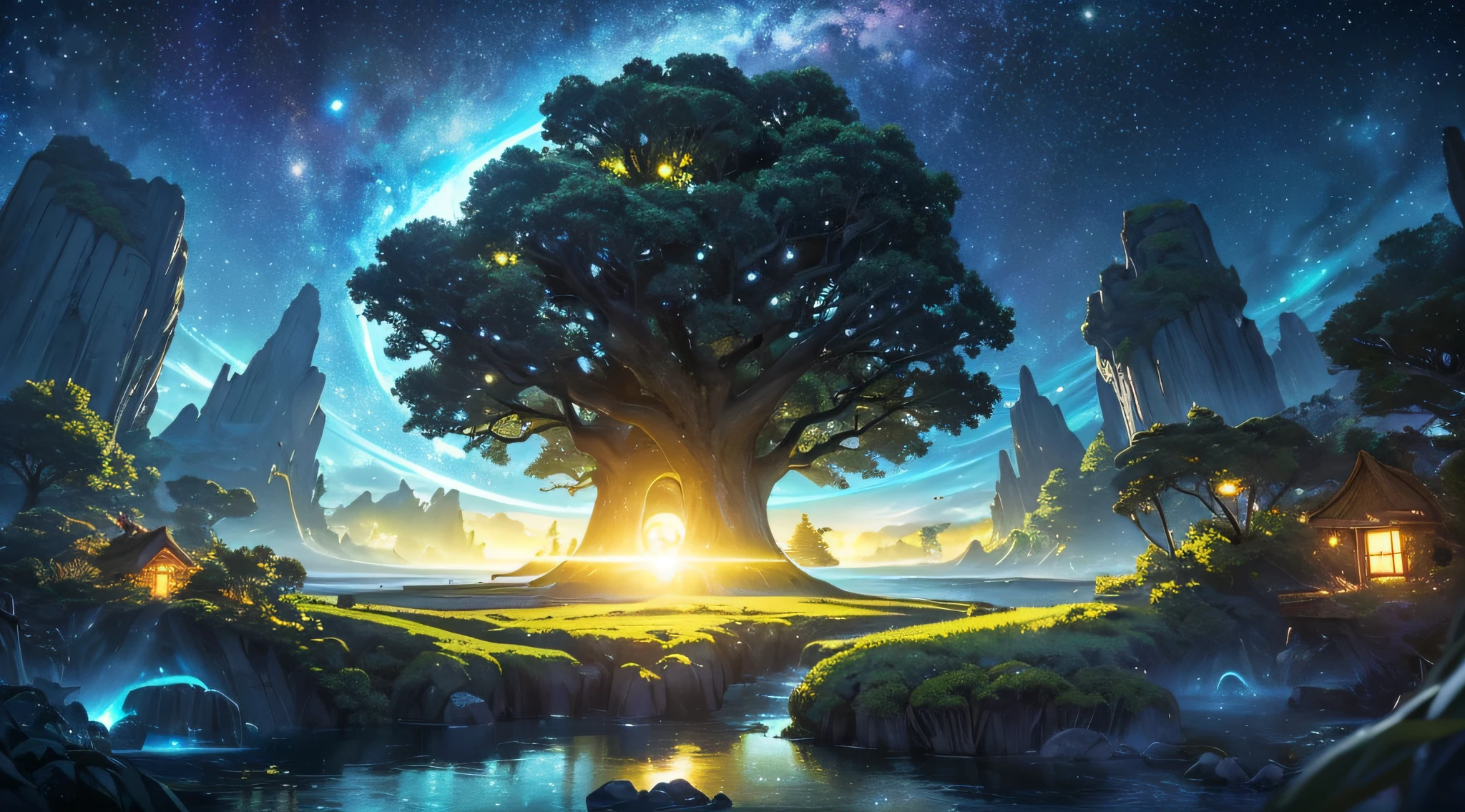 masterpiece、Depth((Mysterious giant tree、It emits yellow light、There are islands floating in the sky around、Tree House、plants、))、Background with((Fantastic starry sky、meteors、black hole、planetes))、Looking up