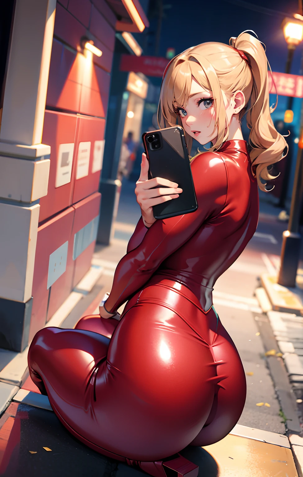 Best quality, Masterpiece, 超A high resolution, (Photorealistic:1.4), RAW photo, Best quality, 超高分辨率, (Photorealistic:1.4), Woman in red latex tights taking a selfie on the street, thicc, Sit, Long blonde wavy curly hair, tight attire, back stance, tight costume, Buttock augmentation, Wide hips, Fitness model, Ruddy cheeks, Sweaty