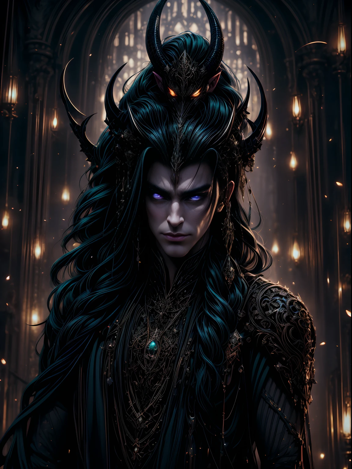 best quality,highres,masterpiece:1.2,ultra-detailed,realistic:1.37,[portrait:0.9],[concept art:0.9],[fine art:0.9],dramatic lighting,rich colors,sharp focus,expressive eyes, mischievous smile,green eyes,black hair,asgardian god,loki in action,intricate costume,compelling expression,ethereal background,nefarious trickster,complex character,mythological figure,unique personality,crafty,playful,dark and mysterious,hidden motives,witty banter,deception,illusion magic,cosmic powers,pointed horns,elaborate headpiece,commanding presence,extraordinary intelligence,seductive charm,powerful anti-hero,illusionary landscapes,mischievous grin,complex emotions,conflicting loyalties,unpredictable demeanor,slight smirk,cocky attitude,chaotic personality,intelligent schemer,labyrinthine mind,purple and gold color palette,luxurious fabrics,detailed textures,twisted nature,green and gold accents,fantasy world,mythical realms,devious plots,unraveling secrets,world domination.