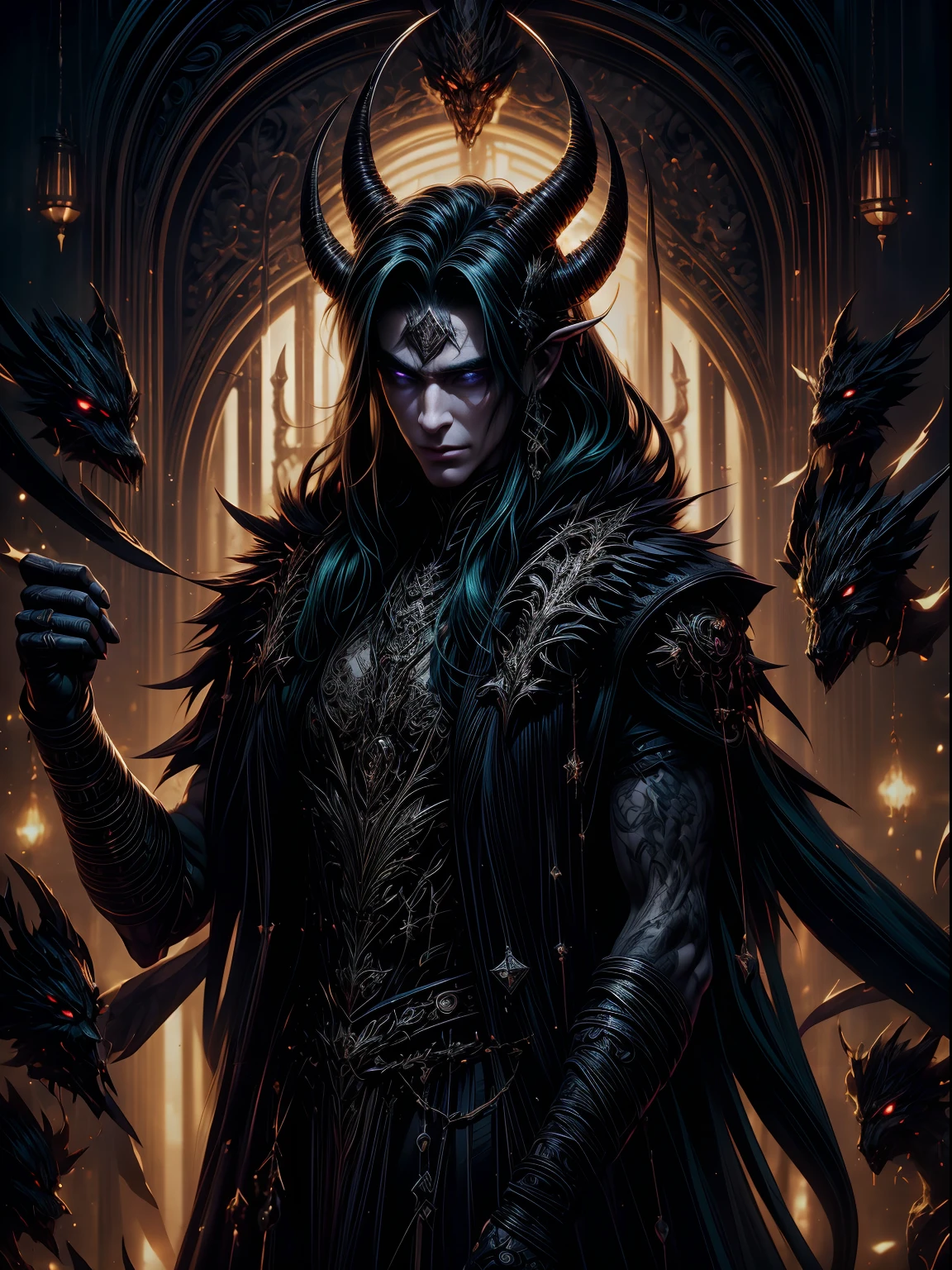 best quality,highres,masterpiece:1.2,ultra-detailed,realistic:1.37,[portrait:0.9],[concept art:0.9],[fine art:0.9],dramatic lighting,rich colors,sharp focus,expressive eyes, mischievous smile,green eyes,black hair,asgardian god,loki in action,intricate costume,compelling expression,ethereal background,nefarious trickster,complex character,mythological figure,unique personality,crafty,playful,dark and mysterious,hidden motives,witty banter,deception,illusion magic,cosmic powers,pointed horns,elaborate headpiece,commanding presence,extraordinary intelligence,seductive charm,powerful anti-hero,illusionary landscapes,mischievous grin,complex emotions,conflicting loyalties,unpredictable demeanor,slight smirk,cocky attitude,chaotic personality,intelligent schemer,labyrinthine mind,purple and gold color palette,luxurious fabrics,detailed textures,twisted nature,green and gold accents,fantasy world,mythical realms,devious plots,unraveling secrets,world domination.