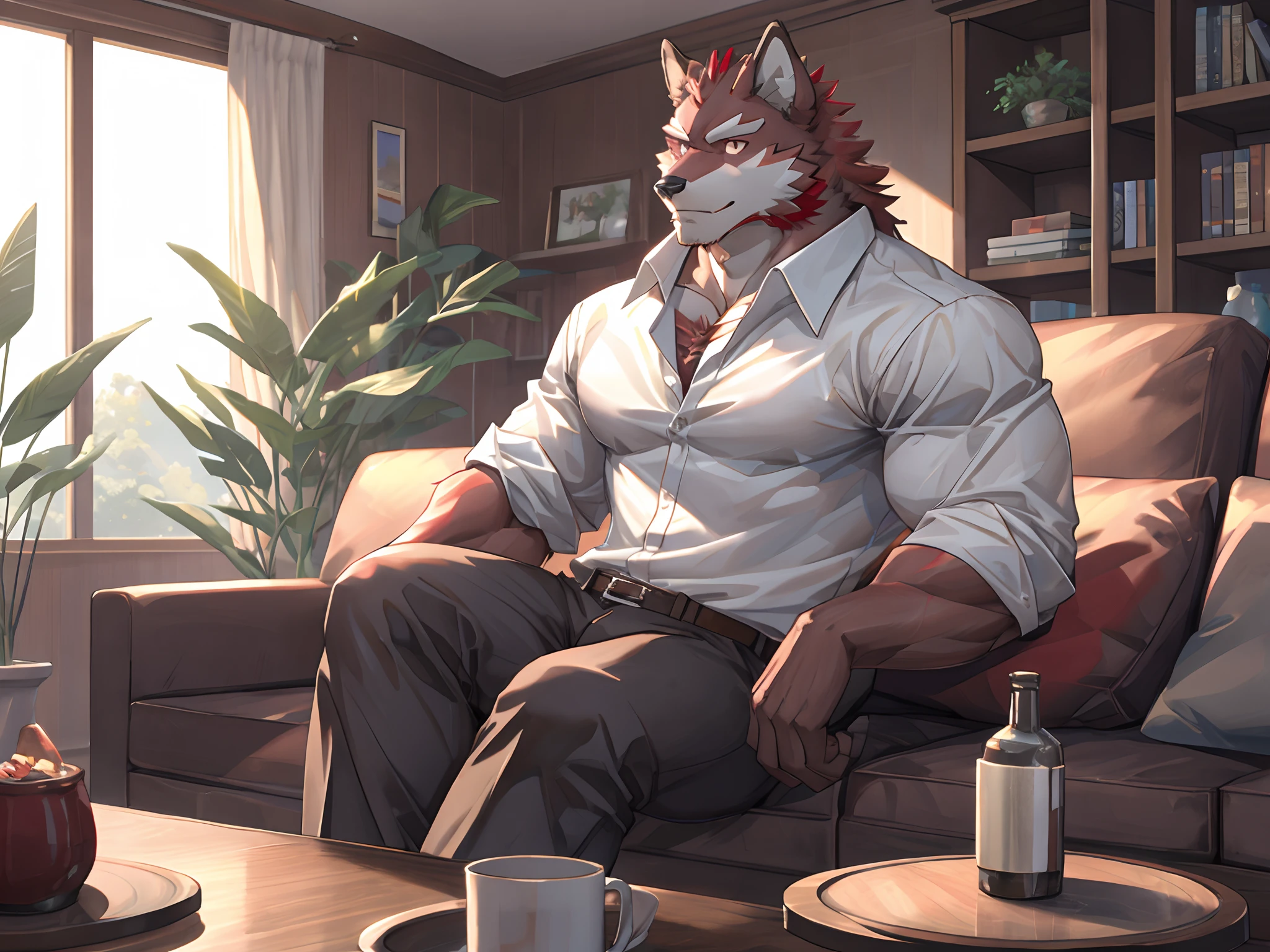 Best quality, Diederich, Furry Wolf, Red Fur, Red eyes, Medium Muscular Body, Handsome, Handsome, Good Looking, Casual Shirt, Living Room Background