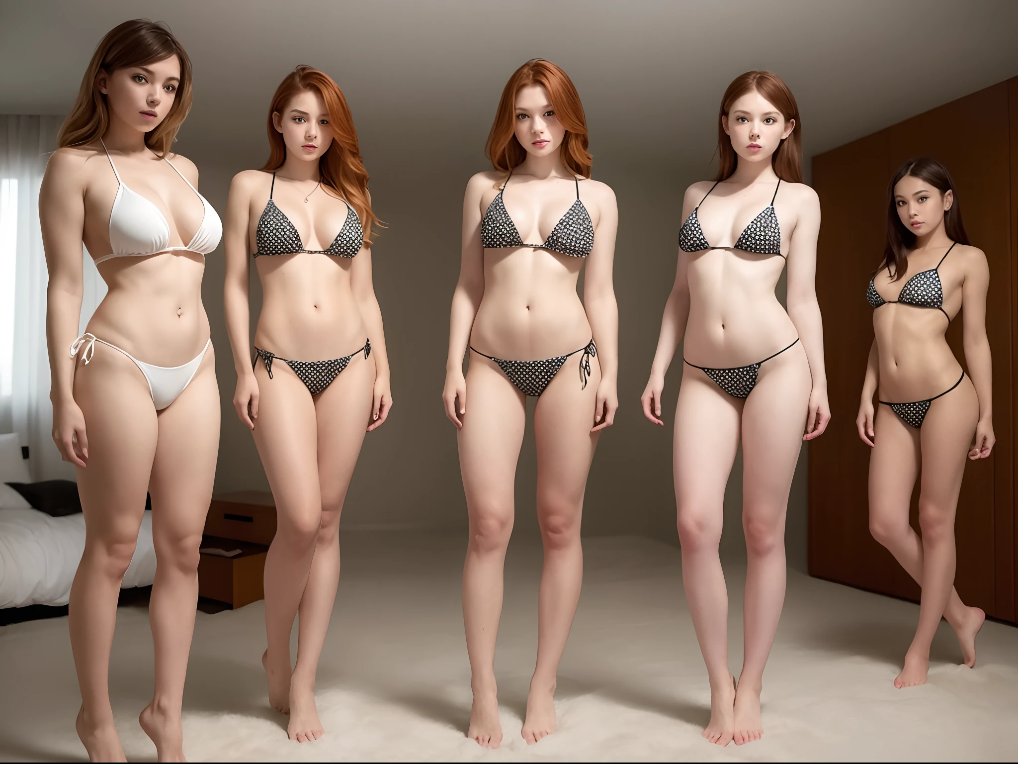five girls, ginger hair, petite body, enormous breast, In mini bikini, realistic, seductive pose, in a futuristic bedroom having a pillow fight, (full body:1.5)