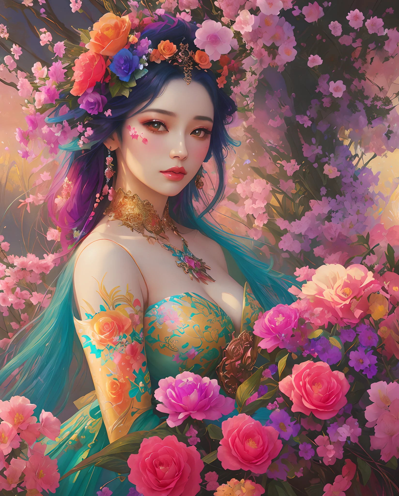 a close up of a woman with a colorful dress and flowers on her head, beautiful digital artwork, karol bak uhd, gorgeous digital art, ross tran 8 k, 4k highly detailed digital art, colorfull digital fantasy art, beautiful gorgeous digital art, beautiful fantasy art portrait, beautiful digital art, 8k high quality detailed art, gorgeous digital painting