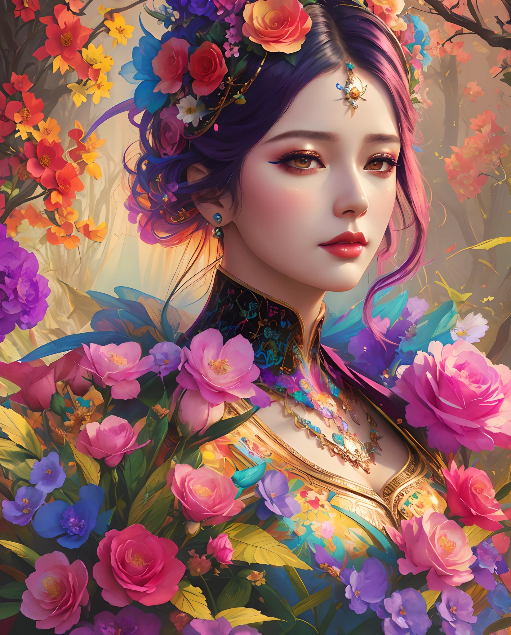 a close up of a woman with a colorful dress and flowers on her head, beautiful digital artwork, karol bak uhd, gorgeous digital art, ross tran 8 k, 4k highly detailed digital art, colorfull digital fantasy art, beautiful gorgeous digital art, beautiful fantasy art portrait, beautiful digital art, 8k high quality detailed art, gorgeous digital painting