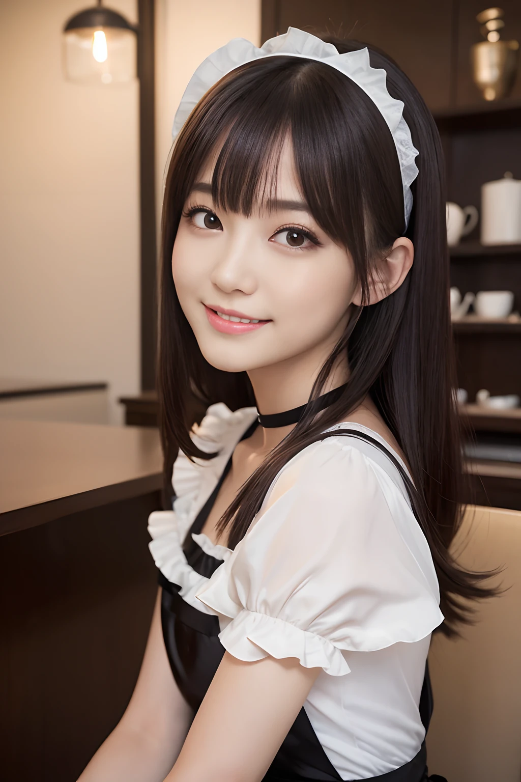 masterpiece、1 girl per 1 photo、upperbody shot、Straight front view、a Japanese young pretty woman、Wearing a cute black maid costume in short sleeve silky satin、At the café with a big smile、White ruffled headband、Apron with white ruffles、a black choker、Glamorous figure、hyper cute face、shiny lip、Double eyelids in both eyes、 natural make up、long eyeslashes、Long bob hair shiny smooth light brown hair、asymmetrical bangs、image in center、8K分辨率、high détails、Detailed hairstyles、A detailed face、spectacular movie lighting、octane renderings、with a vibrant、Ultra-realistic、Perfect limbs、perfect anatomia