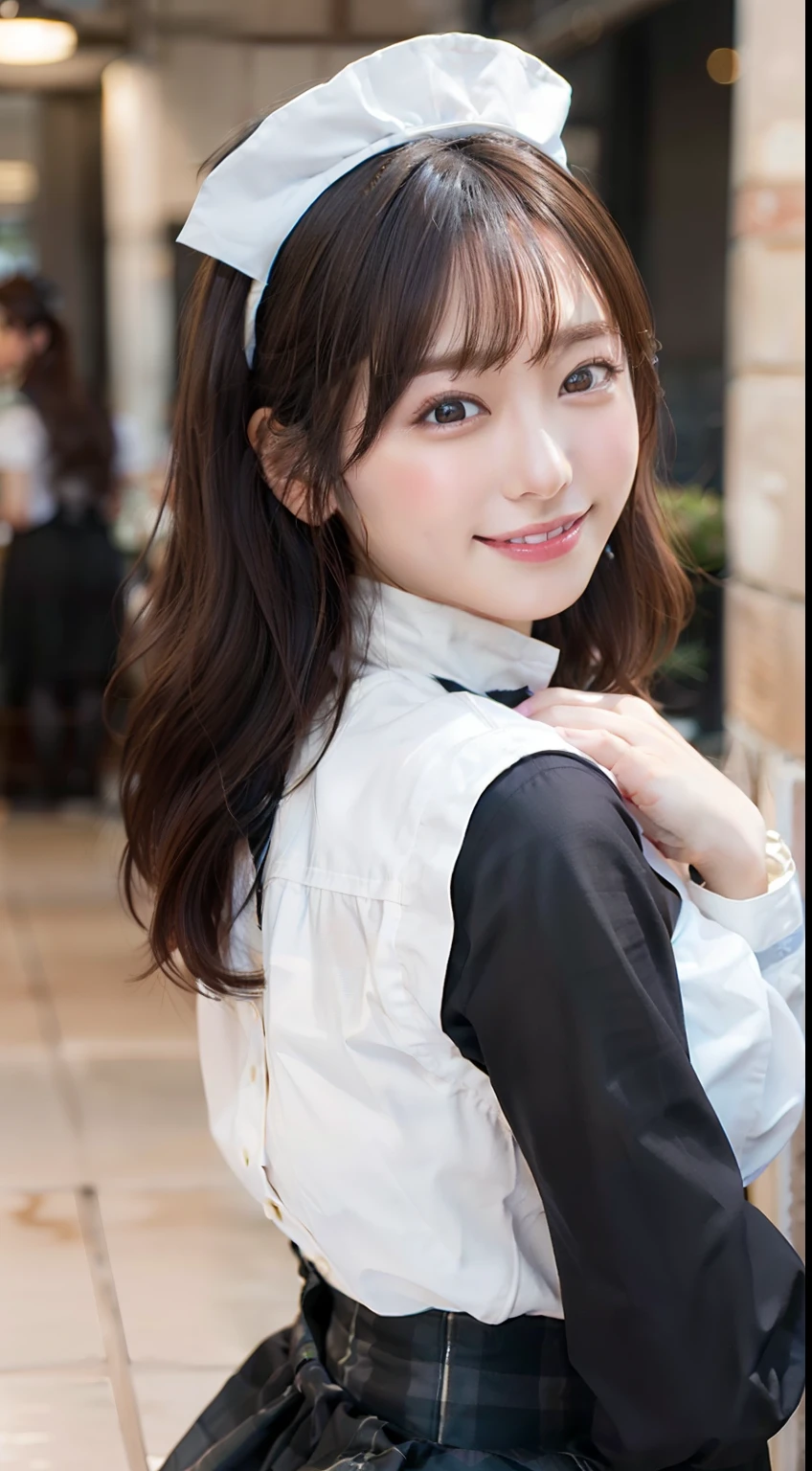 in 8K,Best Quality:1.4, 超A high resolution:1.5, (Photorealistic:1.4),​masterpiece:1.2,(top-quality:1.4)、 Raw photo、 (the background is blurred),  1日本人の女の子, Cute, (Solo:1.4), (Shy smile), Smooth skin、 (Brown medium hair,Bangs), (touch hair:1.4),nogizaka,Supple fingertips,Beautiful black eyes、dual、natural skin textures:1.3, realistic eyes and face details:1.7、middlebreasts、during daytime、Gravure Pose：1.1、Toned buttocks:1.5、Hands behind the head、gazing at viewer,Photographer is looking behind his back.５Take a step back,Smile,Delighted, Cheerful,(maid:1.2),Bow,Long sleeves, Black sleeves,(Long tights with black plaid:1.2),Maid headdress,maid apronl,cafeteria,Upper body,(detailed hairs:1.1), (Detailed eyes:1.1)