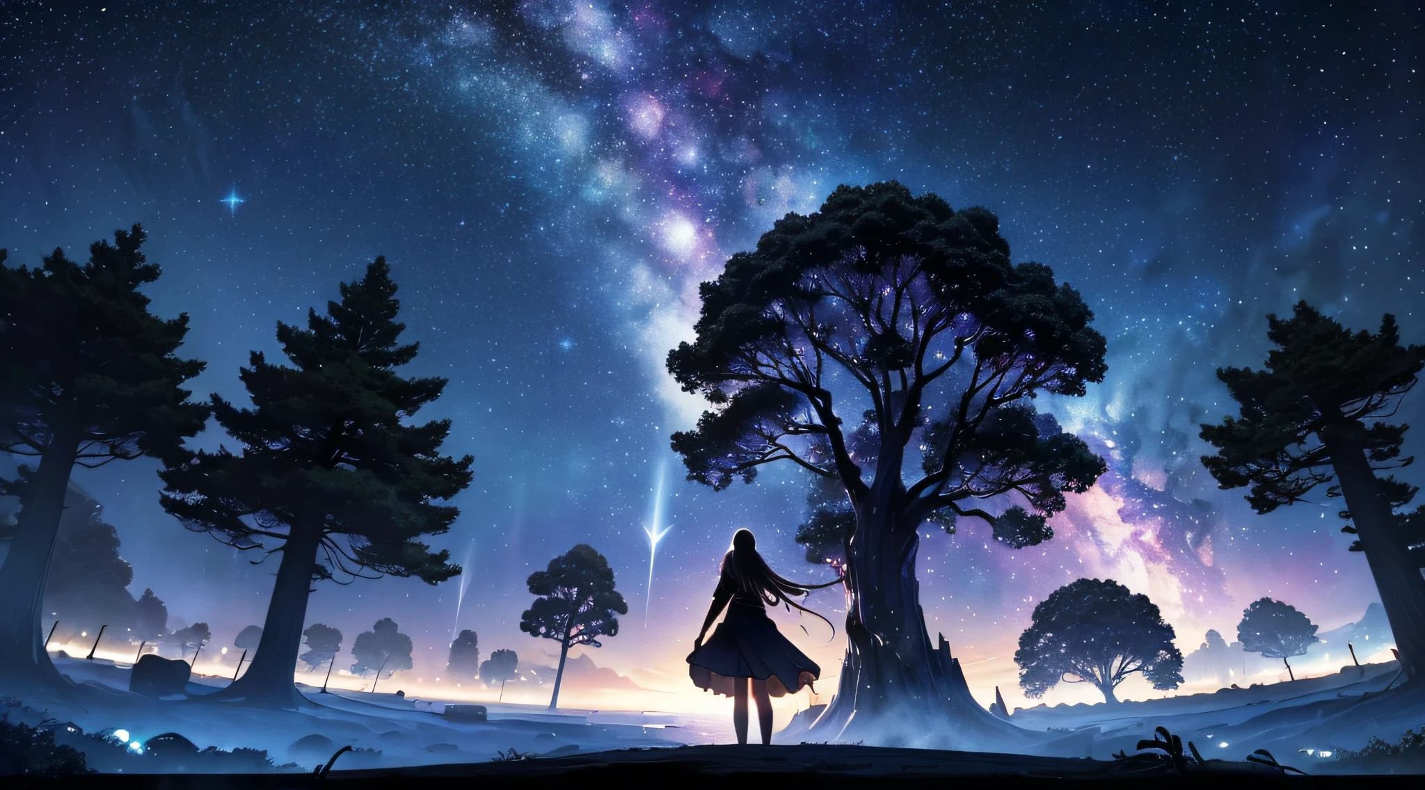 masterpiece、Background with((Fantastic starry sky、meteors、black hole))、Depth((Giant Tree、Fantastic、Luminescent))、a beauty girl、onepiece、Rear view