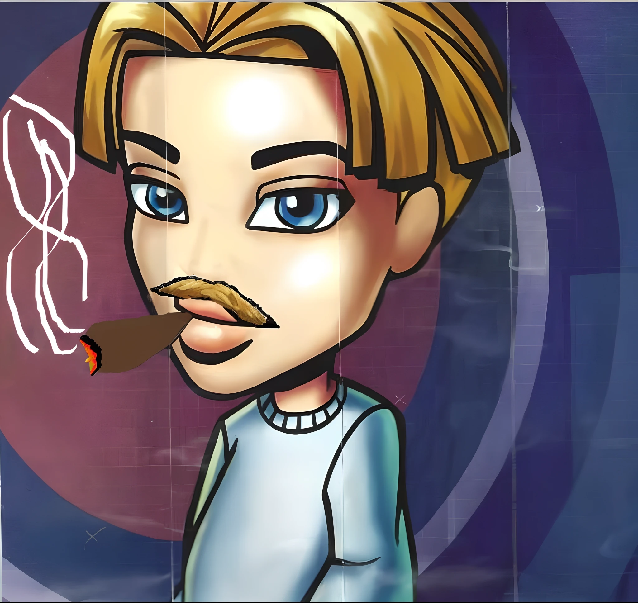 1 smoking man, smoking massive blunt, smoking a joint, smoking weed, Bratz Boy, 1 male Bratz, 32 years old, short hair, dirty blonde, mustache, facial hair, blue eyes, brown cigarette.