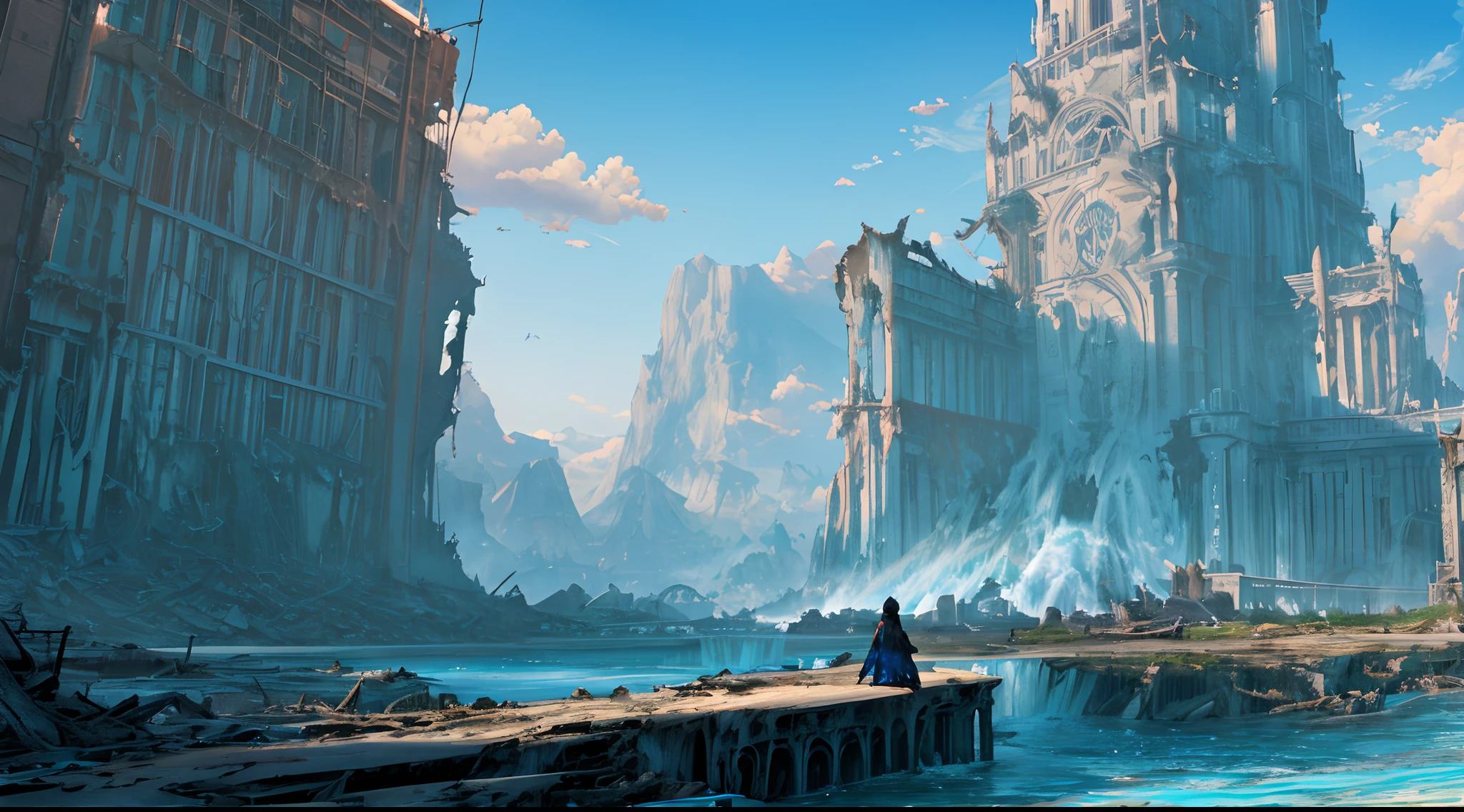 Masterpiece, high detail, 8K resolution, ConceptArt, scenery, water, sky, day, tree, cloud, waterfall, outdoors, (((ruined civilization buildings))), nature, river, blue sky, ((1boy wearing rugged cloak))