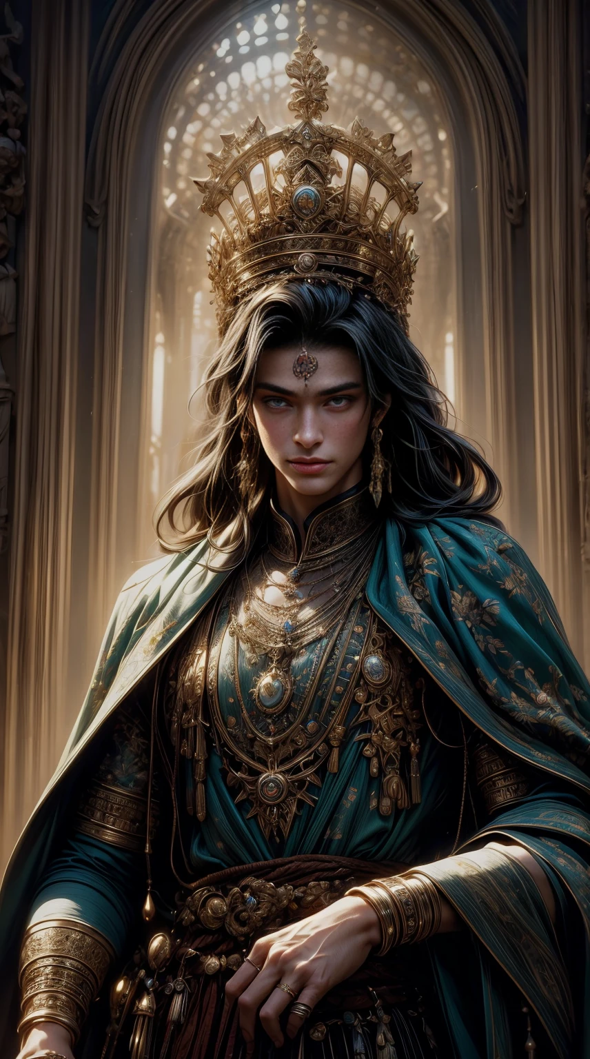 A king standing with a majestic pose, wearing a royal crown and adorned in regal robes, surrounded by a beautiful landscape of a lush green meadow with colorful flowers and rolling hills in the background. The sunlight gently illuminates the scene, casting a warm golden glow on everything. The king's eyes show love and compassion, reflecting his deep affection for his kingdom and its people. The texture of the artwork is reminiscent of a classical oil painting, with intricate brushstrokes and rich colors, giving it a timeless and elegant feel. The image quality is of the highest standard, with ultra-detailed features and a resolution of 4k, ensuring every element is rendered with utmost precision and clarity. The color tone of the artwork is vibrant and full of life, with a harmonious palette that enhances the overall beauty of the scene. The artwork has a photorealistic style, capturing every minute detail, from the king's elaborate garments to the delicate flowers in the meadow. The lighting in the scene is soft and gentle, with a touch of magical ambiance, creating a sense of enchantment and romance.