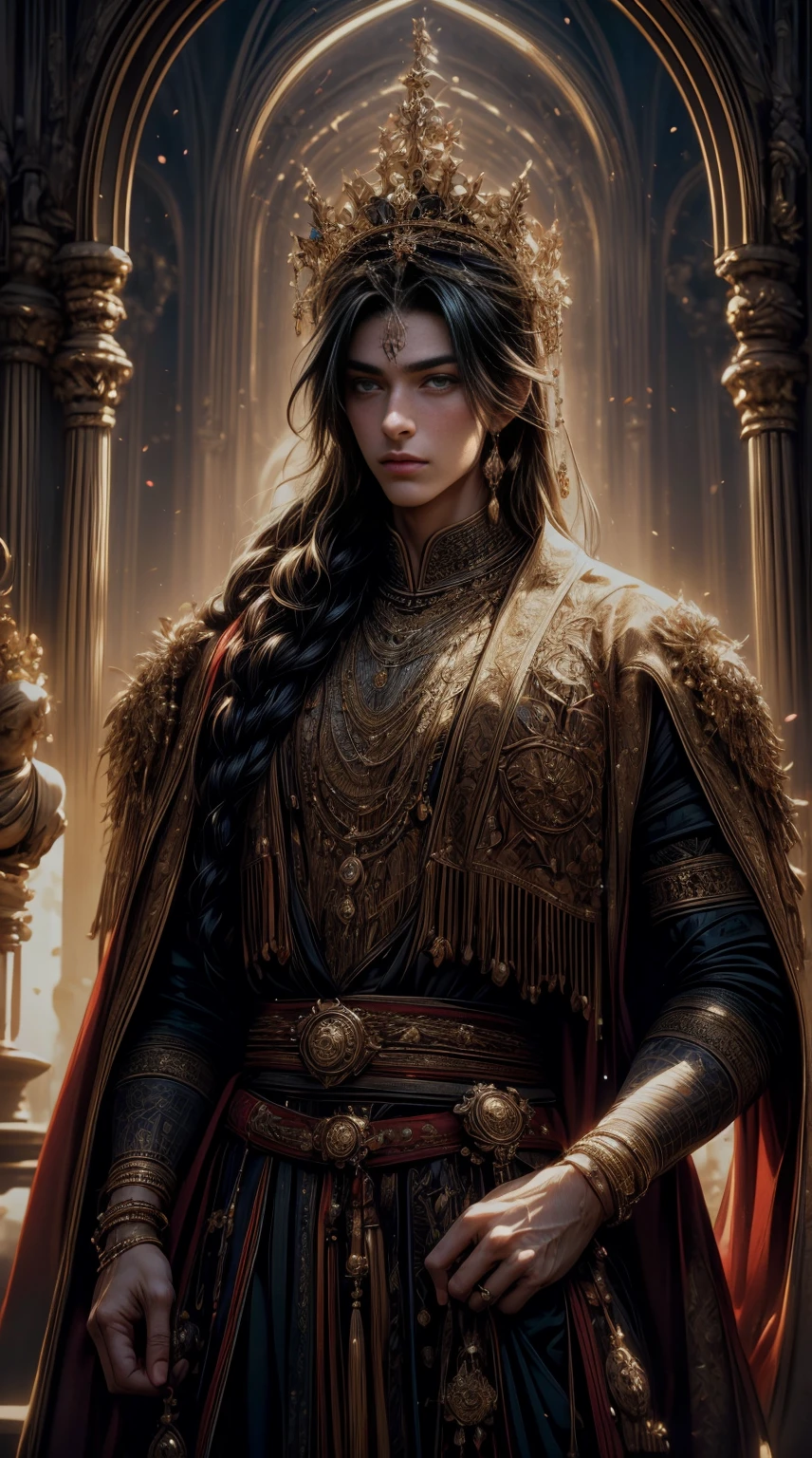 A king standing with a majestic pose, wearing a royal crown and adorned in regal robes, surrounded by a beautiful landscape of a lush green meadow with colorful flowers and rolling hills in the background. The sunlight gently illuminates the scene, casting a warm golden glow on everything. The king's eyes show love and compassion, reflecting his deep affection for his kingdom and its people. The texture of the artwork is reminiscent of a classical oil painting, with intricate brushstrokes and rich colors, giving it a timeless and elegant feel. The image quality is of the highest standard, with ultra-detailed features and a resolution of 4k, ensuring every element is rendered with utmost precision and clarity. The color tone of the artwork is vibrant and full of life, with a harmonious palette that enhances the overall beauty of the scene. The artwork has a photorealistic style, capturing every minute detail, from the king's elaborate garments to the delicate flowers in the meadow. The lighting in the scene is soft and gentle, with a touch of magical ambiance, creating a sense of enchantment and romance.