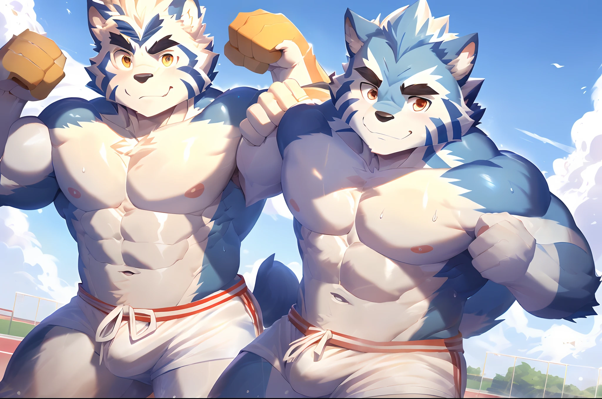 Hominidae, Pose for Camera. 4K, high resolution, Best quality, posted on e621, (Anthropomorphic blue wolf:1.2), male people, 20yr old, Thick eyebrows, Light blue fur, Ultra-short hair, shaggy, Strong body, large pecs, ((Shirtless)), He is practicing karate, Pink milk clusters, Golden pupils, sweat leggs, White skinny shorts, medium bulge, In the gym, 独奏, (sport, Muscular, Heavyweight:1.2), Correct anatomy, (by Chunie, author:Taran Fidler:0.8), (Detailed eyes:1.2), Sexy, (cel-shaded:1.2), cartoon shading, Serious expressions, Be red in the face, (view the viewer:1.2)