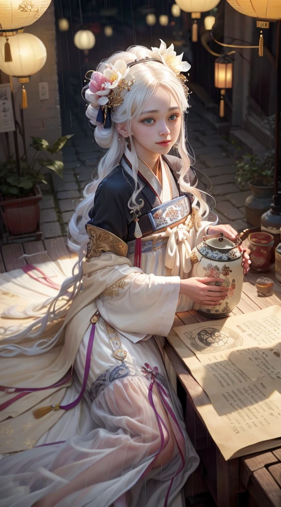 (Positive Focus), (In the Dark: 1 Girl), Surrealist Female Portraits by David Hockney and Alphonse Mucha, Fantasy Art, Photo Realism, Dynamic Lighting, Art Station, Poster, Volumetric Lighting, Very Detailed Faces, 4k Wallpaper, Award-Won, 1 Girl, White Ponytail, Fringed Hair Accessories, Peony Flower Hair Accessories, Chinese Girl, Smile Emoji, Mole Under Eyes, Dynamic Perspective, White Hanfu, Embroidered Pattern, Half-off Top, Leg-Baring, Sexy, Seduction, Oil Paper Umbrella, Rainy Day, Night, Lantern, Ancient Chinese street, multiple Hanfu pedestrians in background, movie lighting,