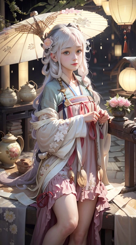 (Positive Focus), (In the Dark: 1 Girl), Surrealist Female Portraits by David Hockney and Alphonse Mucha, Fantasy Art, Photo Realism, Dynamic Lighting, Art Station, Poster, Volumetric Lighting, Very Detailed Faces, 4k Wallpaper, Award-Won, 1 Girl, White Ponytail, Fringed Hair Accessories, Peony Flower Hair Accessories, Chinese Girl, Smile Emoji, Mole Under Eyes, Dynamic Perspective, White Hanfu, Embroidered Pattern, Half-off Top, Leg-Baring, Sexy, Seduction, Oil Paper Umbrella, Rainy Day, Night, Lantern, Ancient Chinese street, multiple Hanfu pedestrians in background, movie lighting,