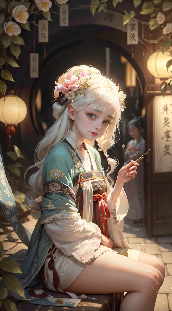 (Positive Focus), (In the Dark: 1 Girl), Surrealist Female Portraits by David Hockney and Alphonse Mucha, Fantasy Art, Photo Realism, Dynamic Lighting, Art Station, Poster, Volumetric Lighting, Very Detailed Faces, 4k Wallpaper, Award-Won, 1 Girl, White Ponytail, Fringed Hair Accessories, Peony Flower Hair Accessories, Chinese Girl, Smile Emoji, Mole Under Eyes, Dynamic Perspective, White Hanfu, Embroidered Pattern, Half-off Top, Leg-Baring, Sexy, Seduction, Oil Paper Umbrella, Rainy Day, Night, Lantern, Ancient Chinese street, multiple Hanfu pedestrians in background, movie lighting,