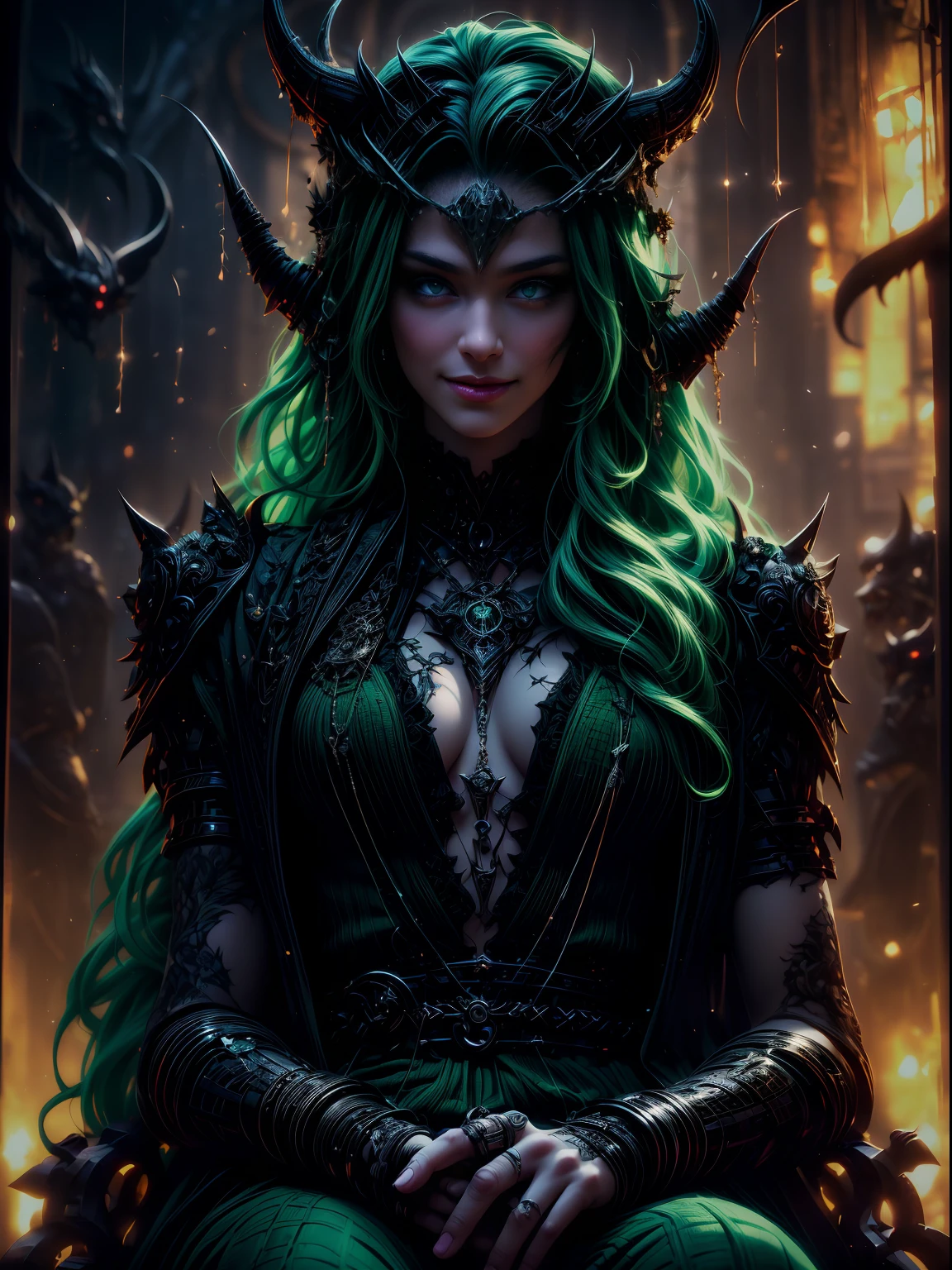 (smiling:1.1) Loki, sitting, devilishly (smiling:1.1), (beautiful detailed eyes:1.1), (beautiful detailed lips:1.1), (extremely detailed eyes and face:1.1), mischievous expression, dark background, (cinematic:1.1), (highres:1.2), (vivid colors:1.1), (concept art:1.1), (sharp focus:1.1), (studio lighting:1.1), (dark and mysterious atmosphere:1.1) , wearing green dress