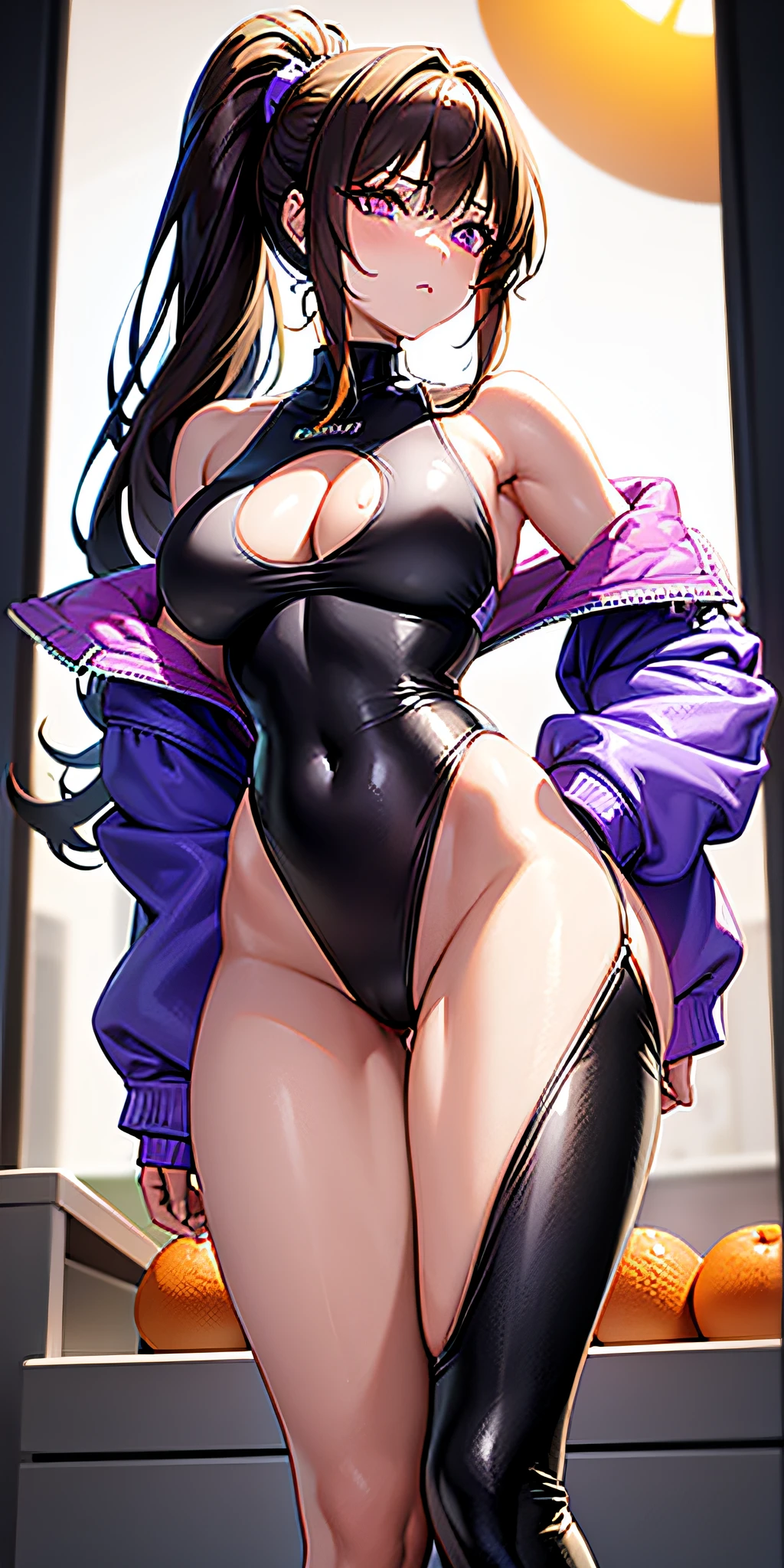 professional: step by step, final result god level: "((Masterpiece)), Best quality, absurd, Ultra detailed, holographic, Cowboy shot, Golden ratio, Super cute girl, Mature girl, beautiful round tits the size of oranges, idol girl, Super beautiful Hungarian girl with bright eyes very beautiful violets, beautiful multicolor shiny brown hair, High ponytail, Nice and sexy body, slim body, perfect body, 70% Wearing a super tight anime printed leotard, A super tight anime printed off the shoulder long sleeve crop top, One super aesthetic transparent mini jacket, beautiful hair ornament, Pink Jordan Sneakers, playing with her handsome skinny otaku boyfriend, with messy shiny black hair, round tits the size of oranges"