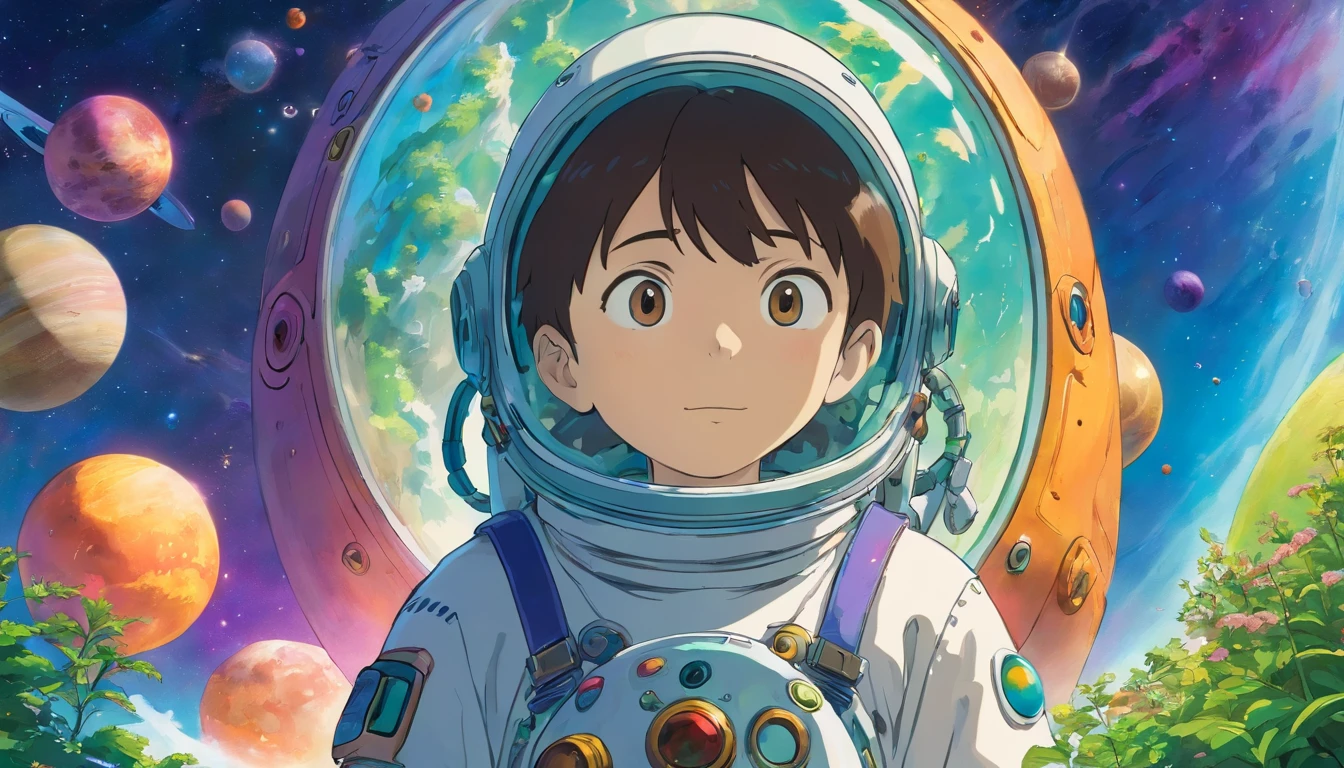 HD details, Close up of a man in a spacesuit, planets in the background, Psychedelic Cosmic Horror, psychedelic illustration, cosmic space, plants growing, The world of psychosis, Background Space Graphic Art, Space Illustration, cosmic space, Cosmic LSD Poster Art, DMT space behind, Space Scene, Surreal space, Space style