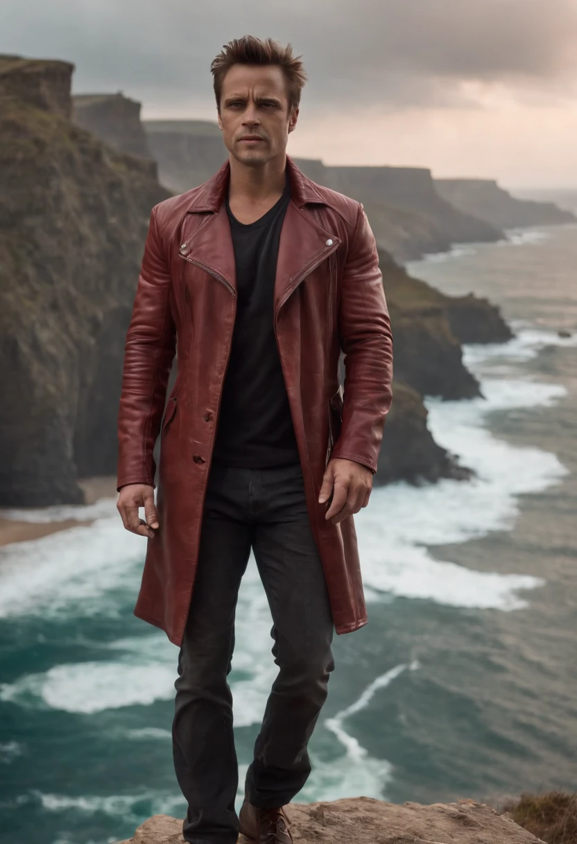 A photo of Tyler Durden standing on the edge of a cliff, overlooking a raging ocean.,original,Visually, Tyler is depicted as the epitome of a certain rugged, careless coolness, with a chiseled physique, unkempt hair, and a devil-may-care attitude expressed through his disheveled yet somehow stylish clothing. He frequently sports a red leather jacket, flashy shirts, and a penchant for soap making, which serves as a metaphor for his ability to cleanse and rebuild the identities of his followers.