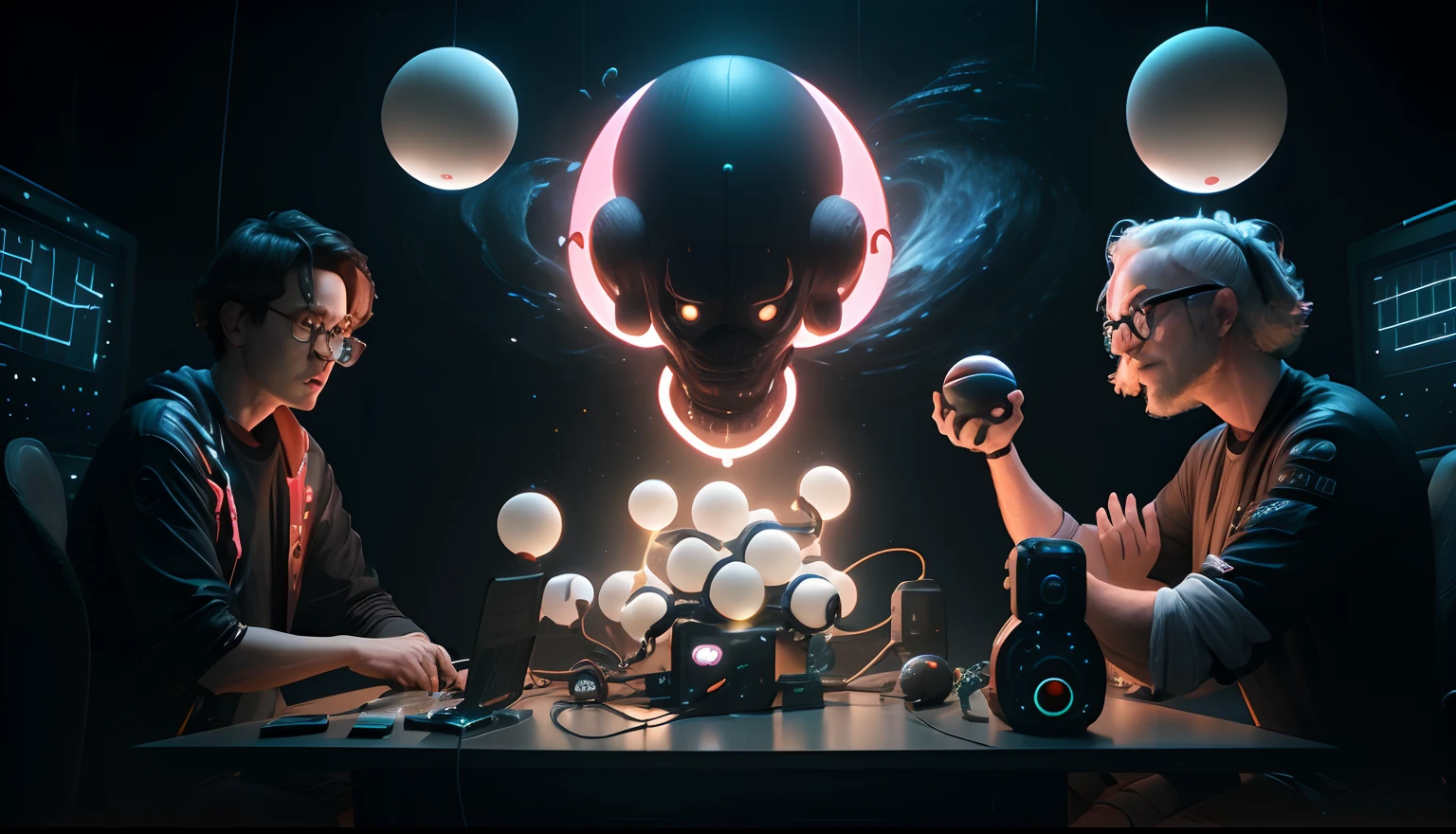 two men in glasses are playing with glowing orbs in a dark room, beeple and greg rutkowski, beeple and mike winkelmann, beeple. hyperrealism, beeple and tim hildebrandt, beeple and james jean, beeple and jean giraud, tentacles in universe, by Beeple, beeple masterpiece, mysterious, 8k cinematic, volumetric lighting,