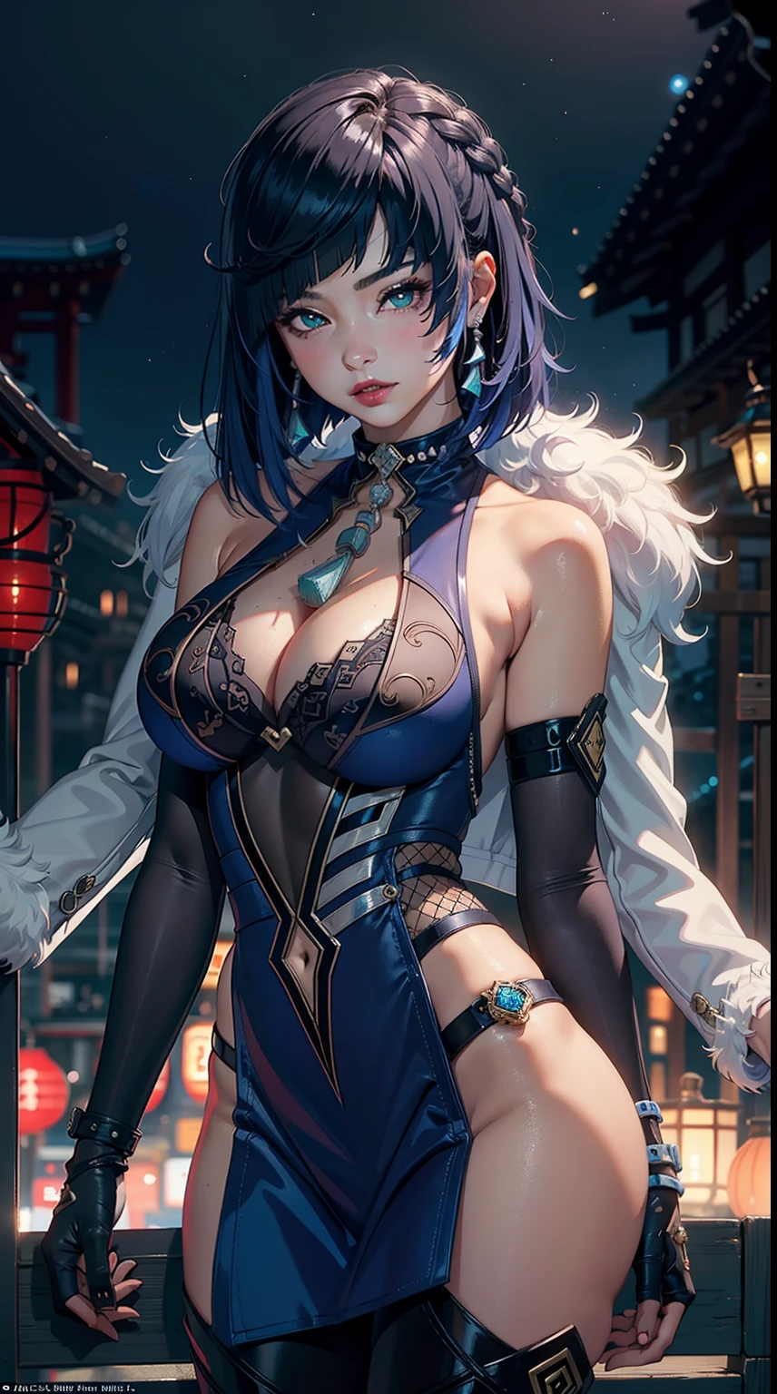 ((masterpiece)),(bestquality),((ultra-detailed)), ((beautiful detailed sky)), ((cinematic lighting)), depth of field, (dynamic angle),detailed lighting,(beautiful detailed eyes), ((japan night view)),red lip, eyeshadow,large breast, (erotic), ((sexy)), hand behind head, cleavage, navel, (yelandef)