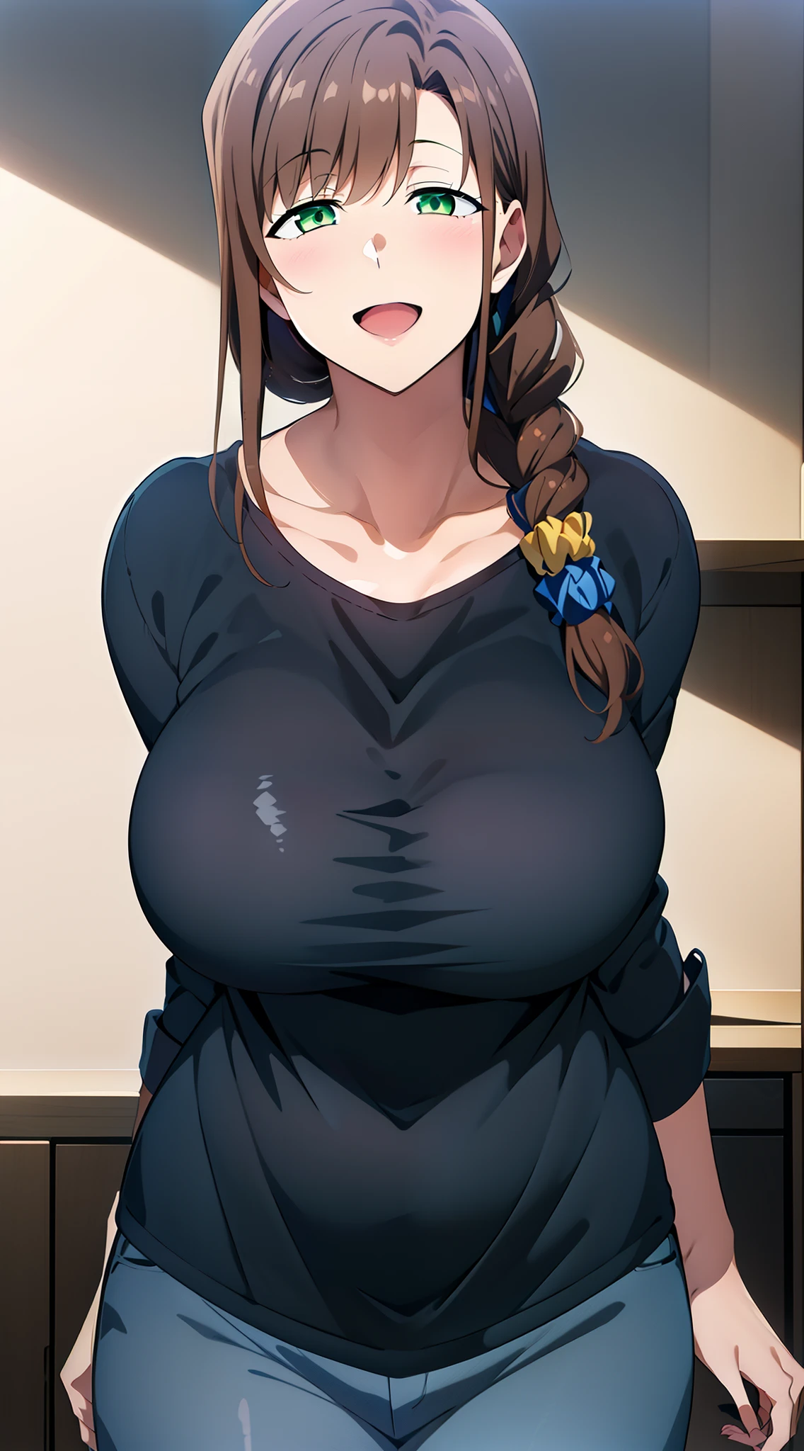 1girl, solo, long hair, looking at viewer, smile, open mouth, large breasts, brown hair, shirt, long sleeve, loose shirt, hair ornament, green eyes, collarbone, braid, pants, black shirt, single braid, scrunchie, hair over shoulder, hair scrunchie, mature female, wide hips